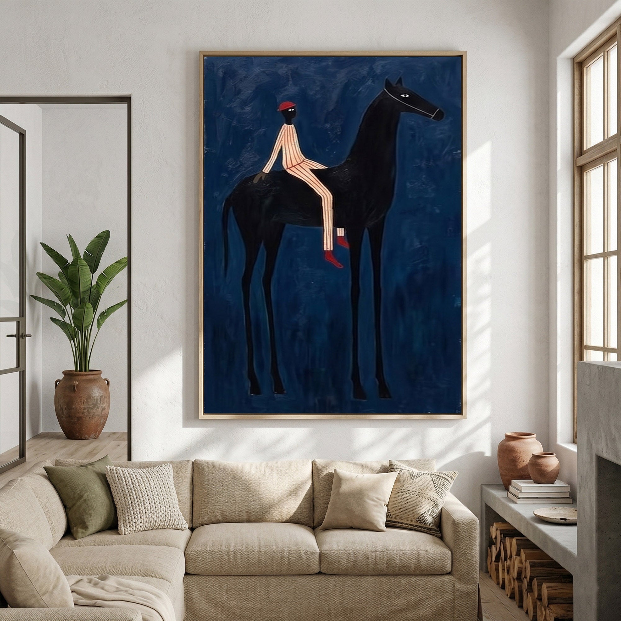 Large Cowboy Wall Art Blue Horse Painting Contemporary Western Decor