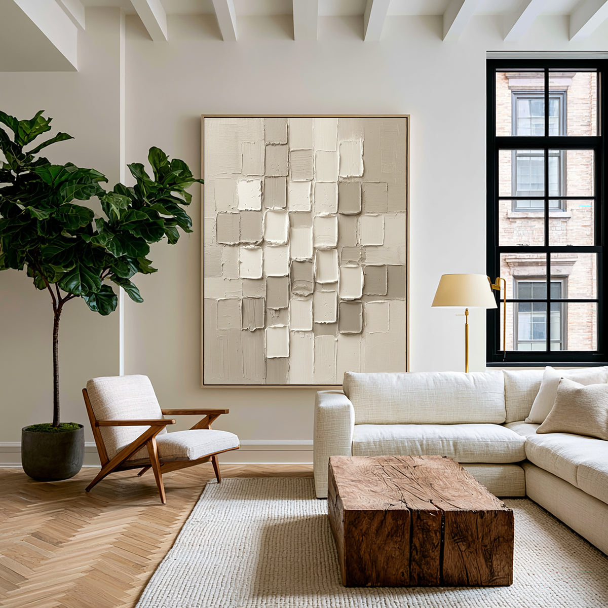 Large Elegant Neutral Textured Wall Art White Beige Abstract Oil Painting 3D Geometric Relief Modern Minimalist Luxury Home Decor