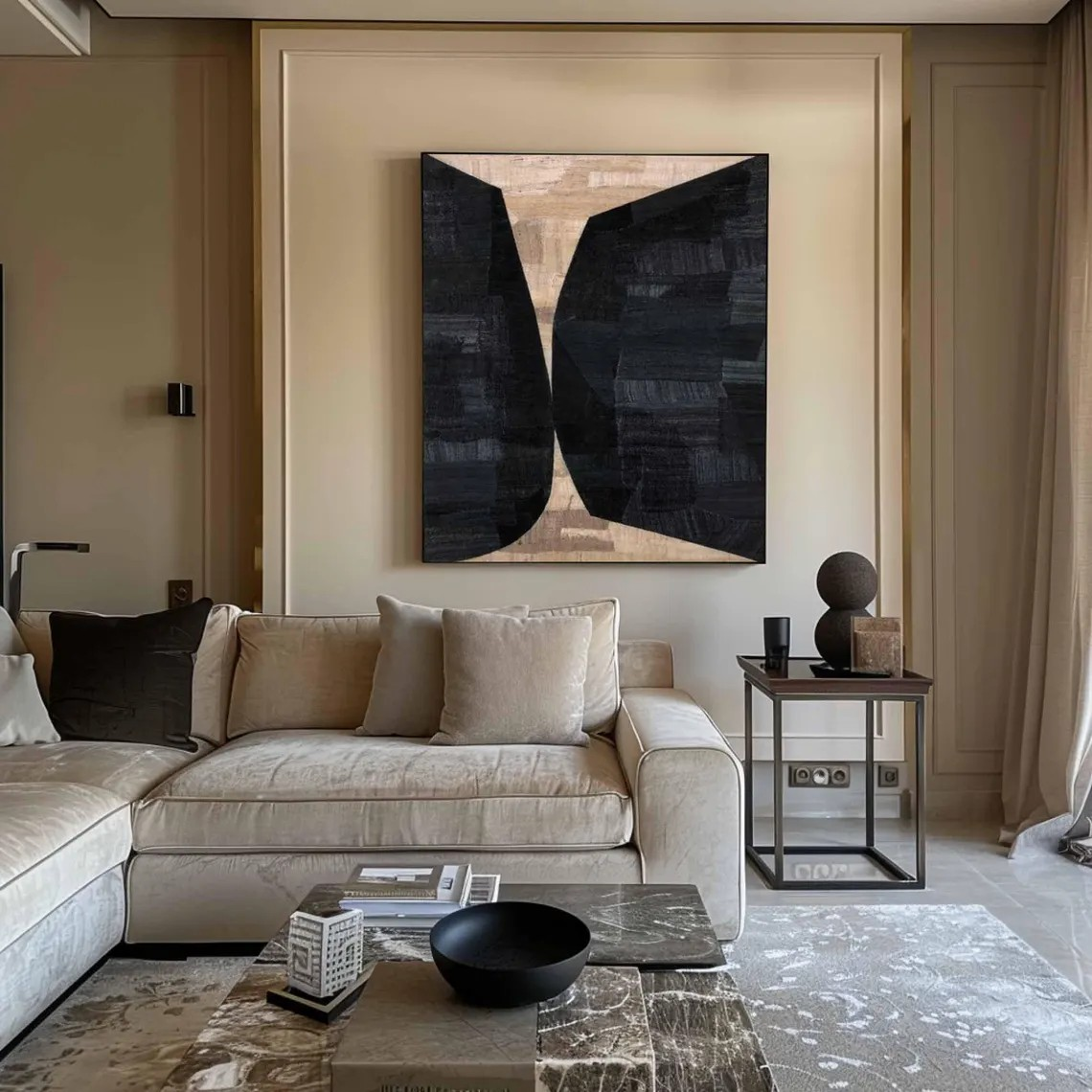 ديكور جداري عصري تجريدي باللونين الأسود والبيج الجريء #MM239