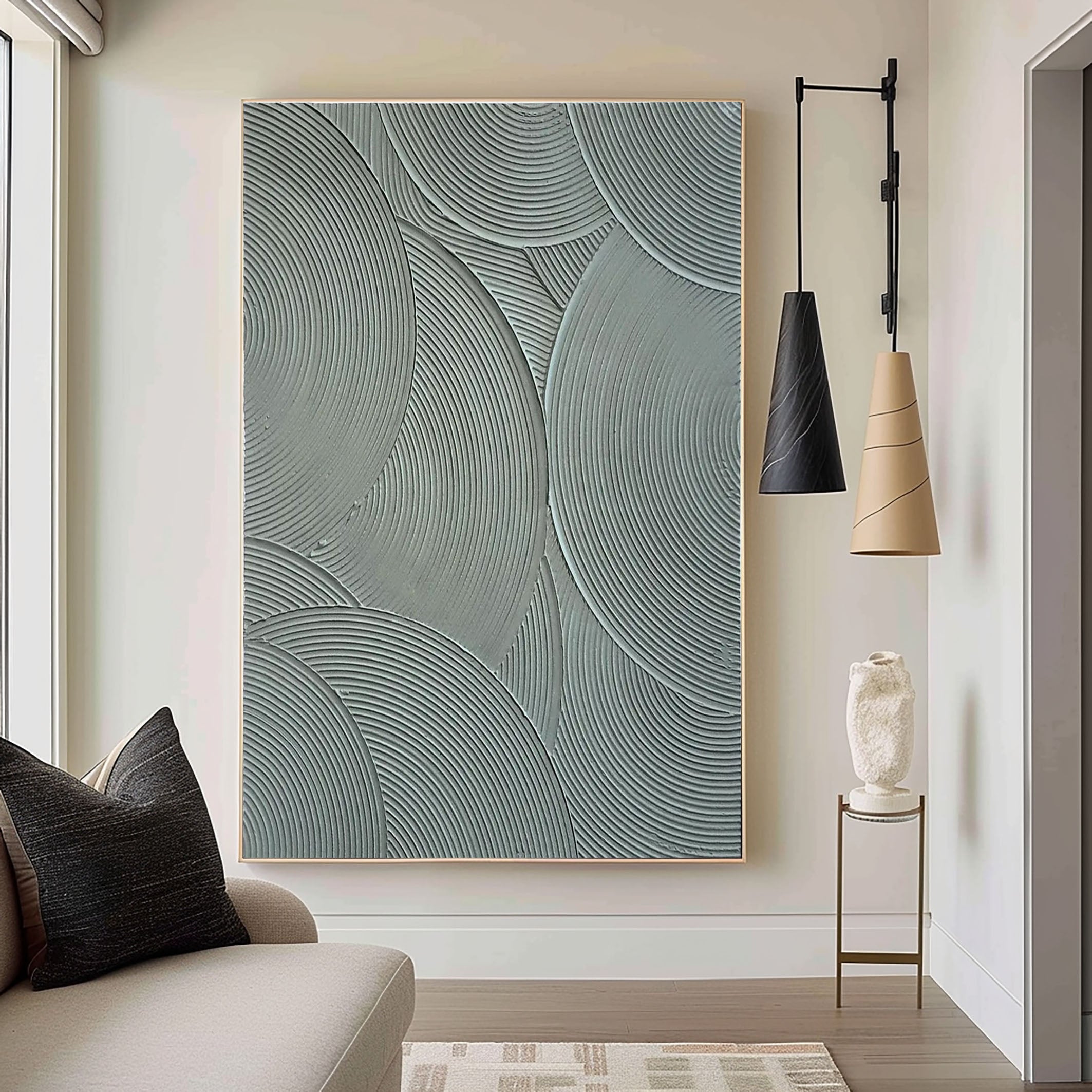 لوحة فنية جدارية بسيطة بنمط دائري باللونين الرمادي والأخضر على قماش #MM105