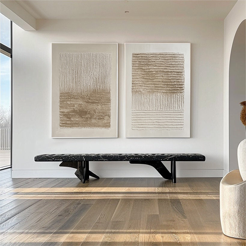 Woven Silence: Minimalist Neutral Set Of 2 with Impasto Lines #MM558
