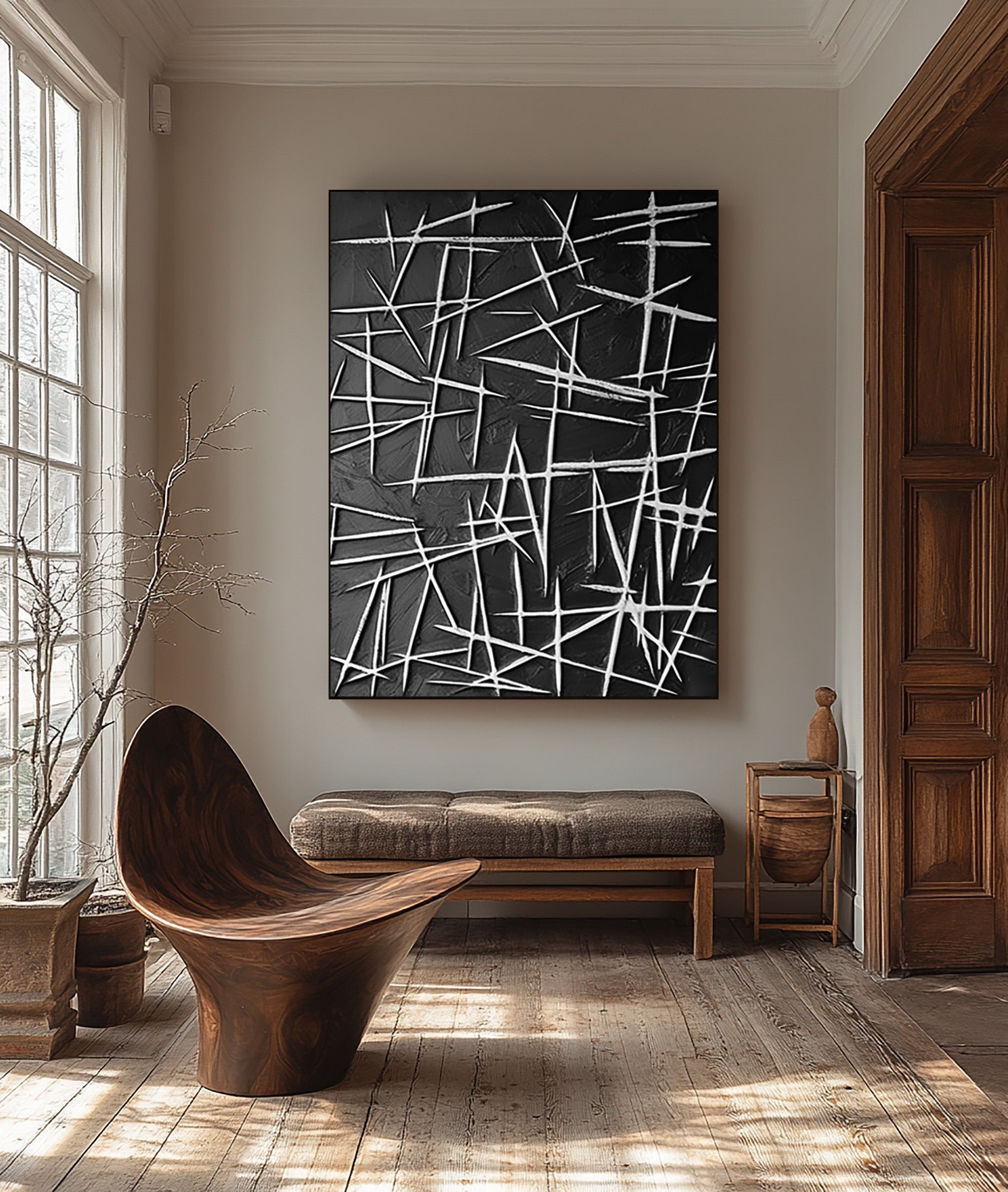 Framed White Line Contrast, Dark Textured Play, Modern Wall Art #MM413