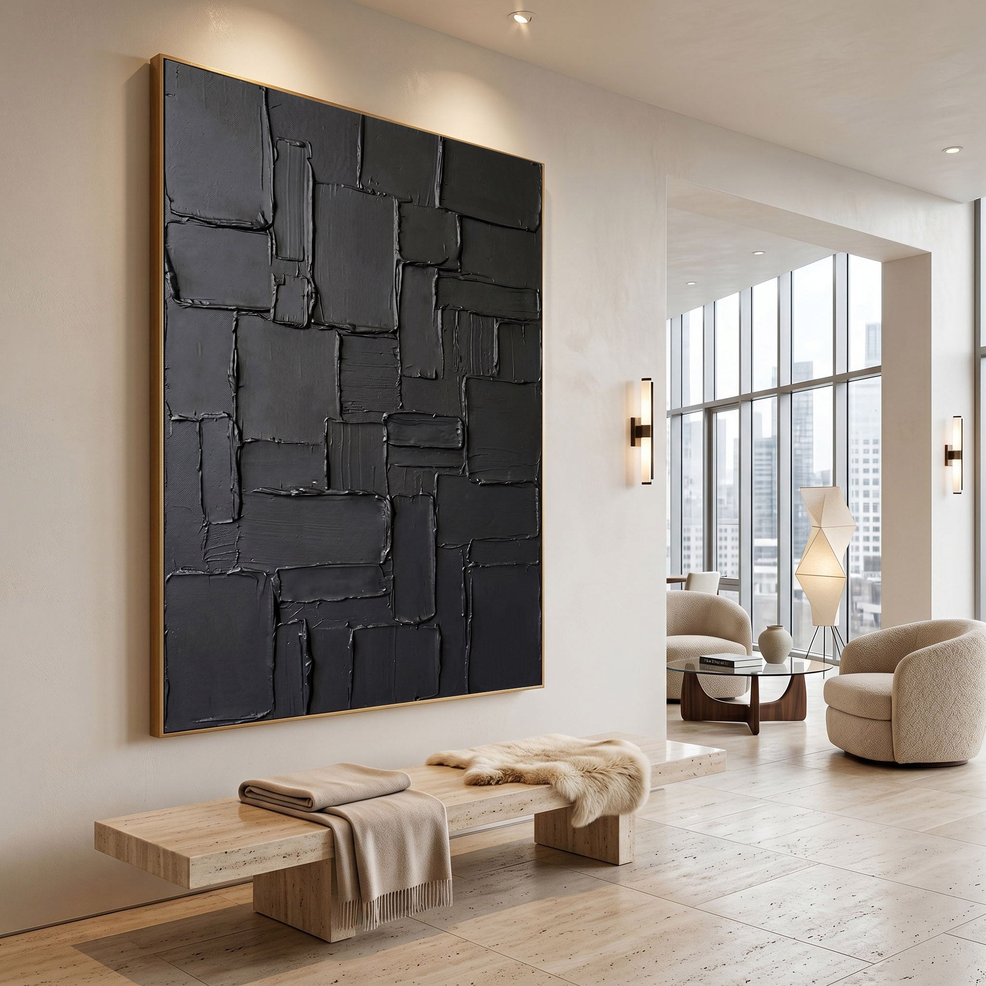 Modern Black Abstract Wall Art Textured 3D Relief Canvas Painting Architectural Minimalist Decor
