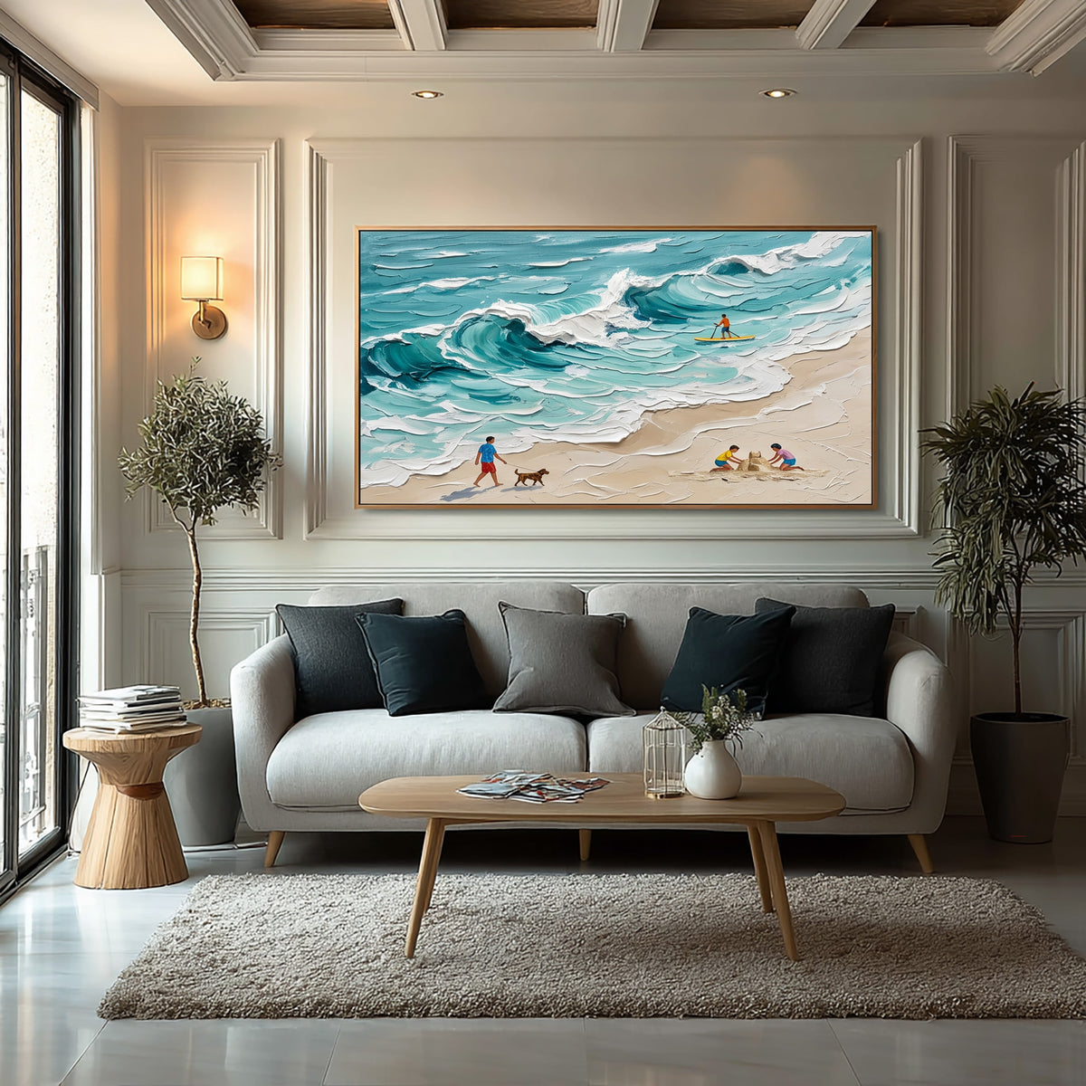 Large Textured Oil Painting Family Beach Scene Turquoise Ocean Coastal Art