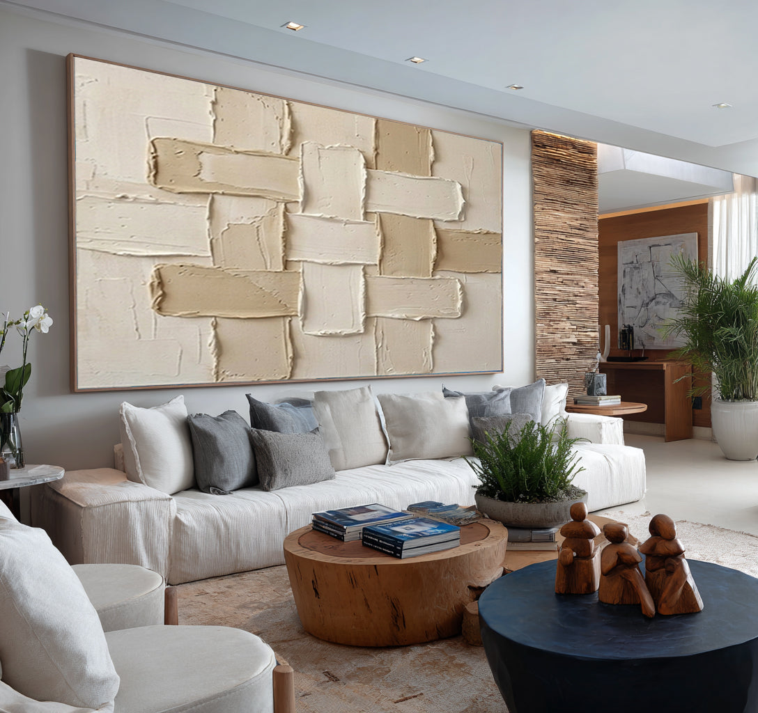 Large Beige Textured Abstract Wall Art Contemporary Neutral Decor