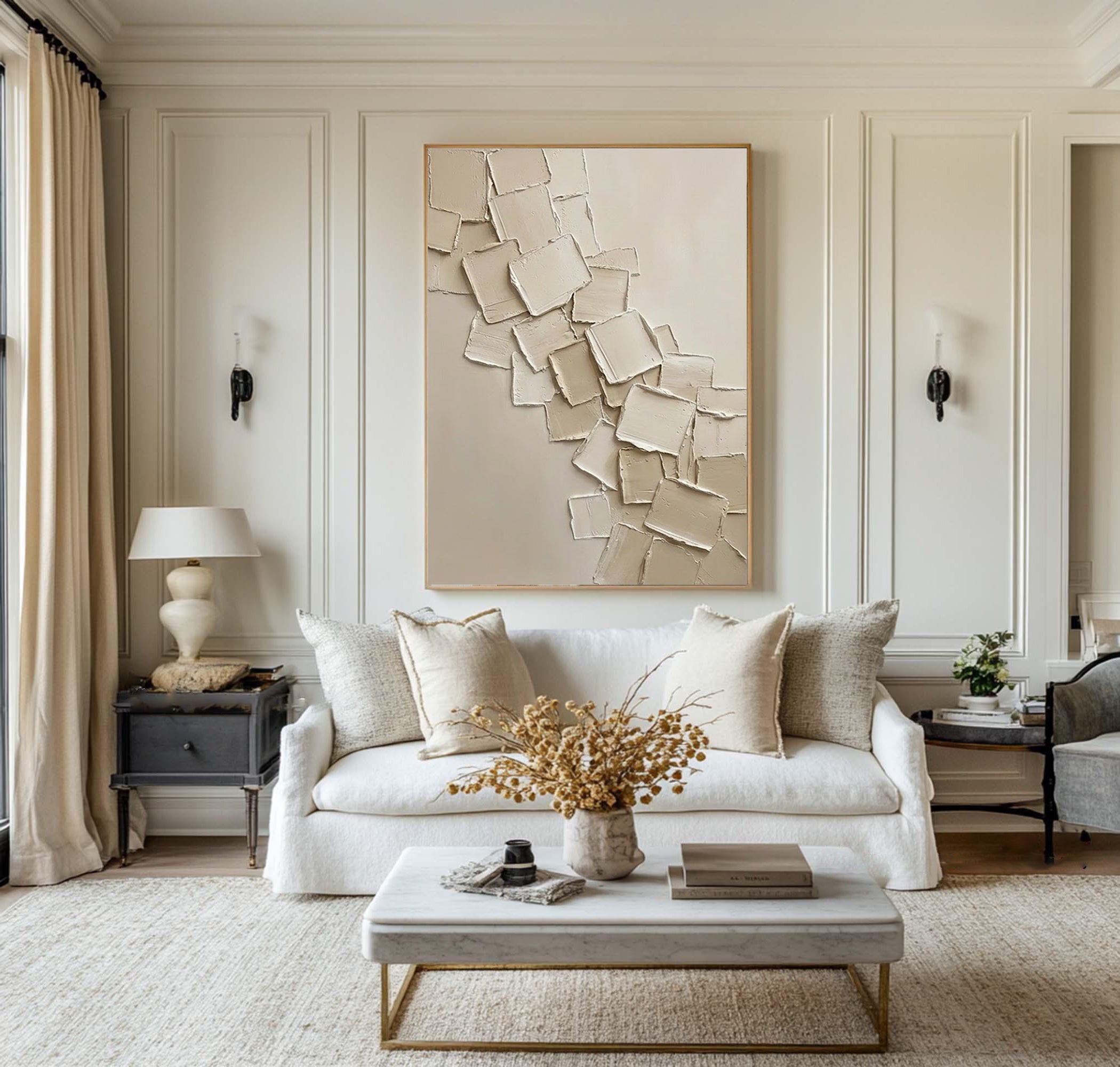 Large Minimalist Neutral Oil Artwork – Hand Painted Beige Texture Wall Decor