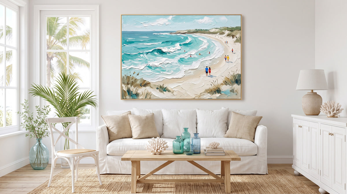 Textured Seaside Landscape Painting Sandy Beach Blue Ocean Waves
