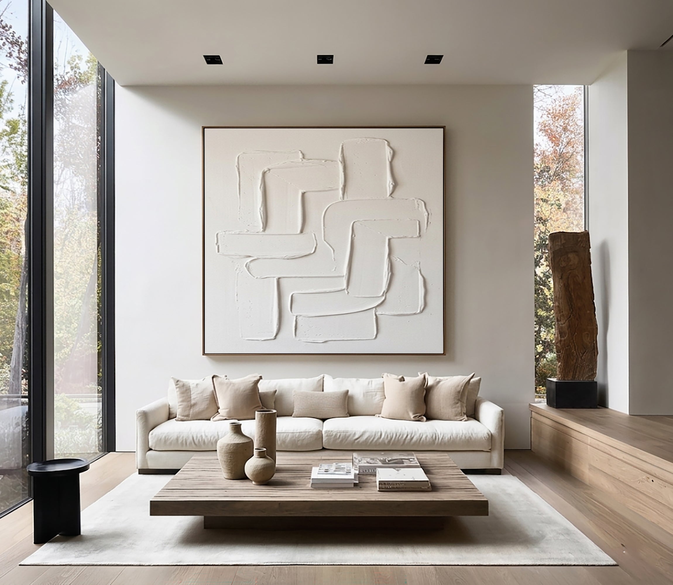 Large Neutral Sculptural Wall Art Hand Painted Curved Texture Canvas