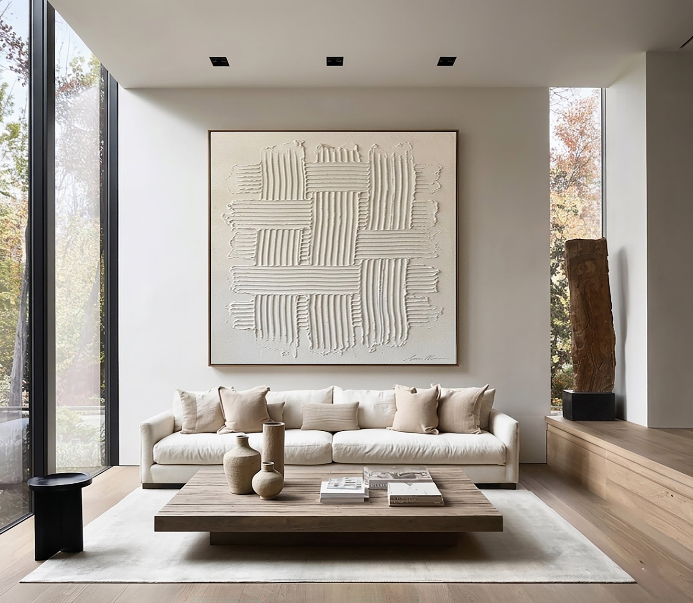 Large Modern Woven Wall Art Hand Painted Textured Neutral Canvas