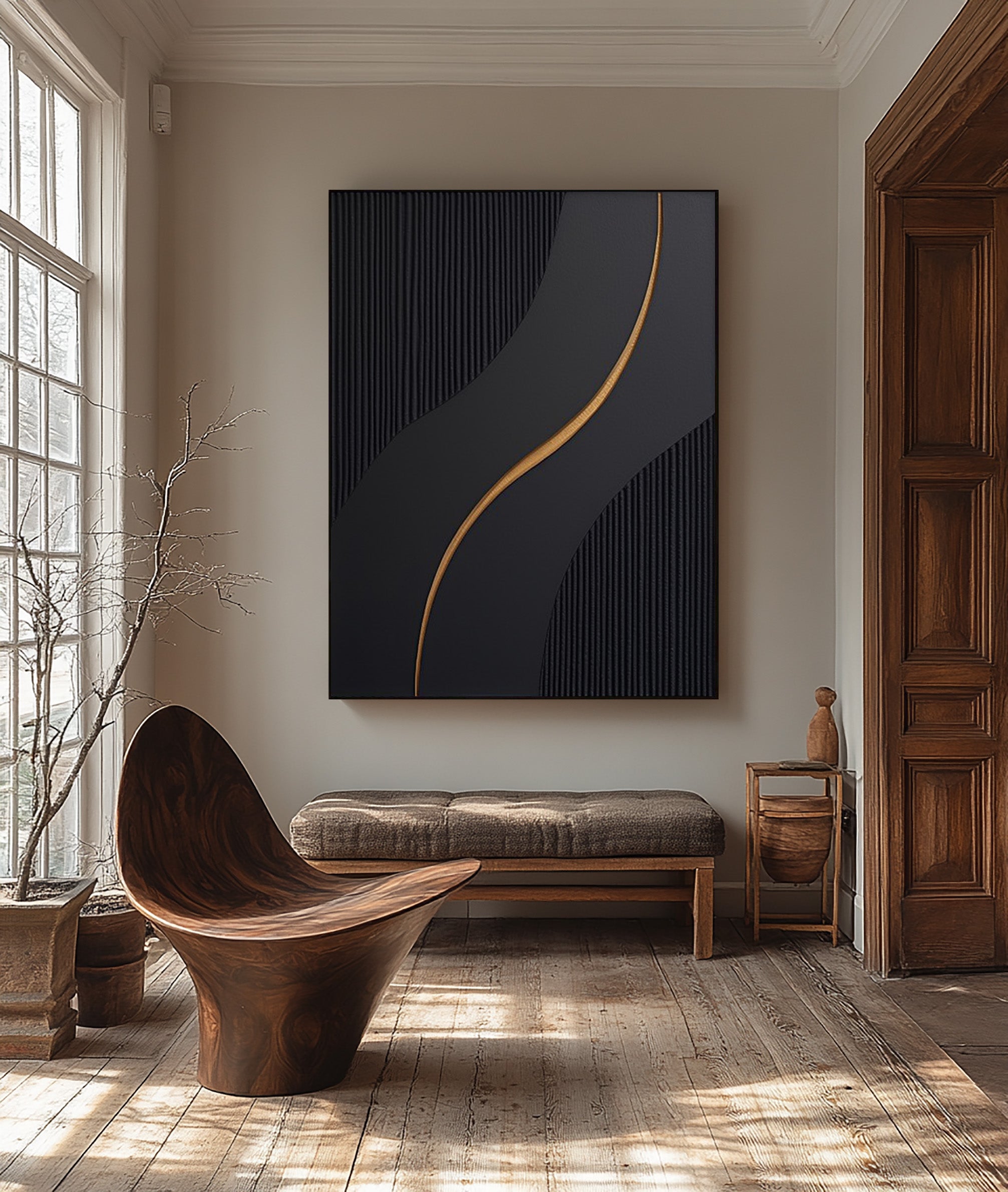 Textured Black Abstraction with Gold Flow, Modern Linear Art #MM405