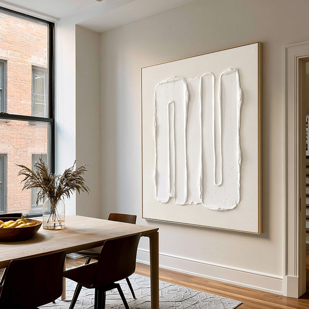 Large Modern Vertical Textured Relief Wall Art Ivory Abstract Oil Painting Sculptural Raised Lines Neutral Minimalist Contemporary Luxury Home Decor