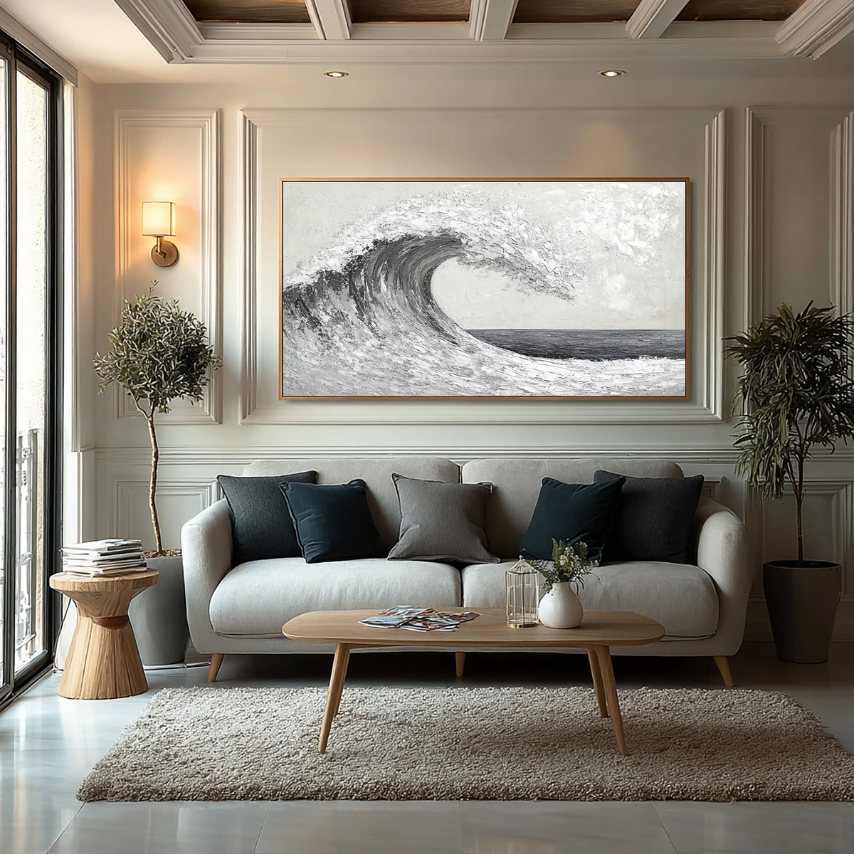 Wave In Motion Textured Ocean Artwork Handmade Monochrome Seascape Large Coastal Wall Painting Modern Decor