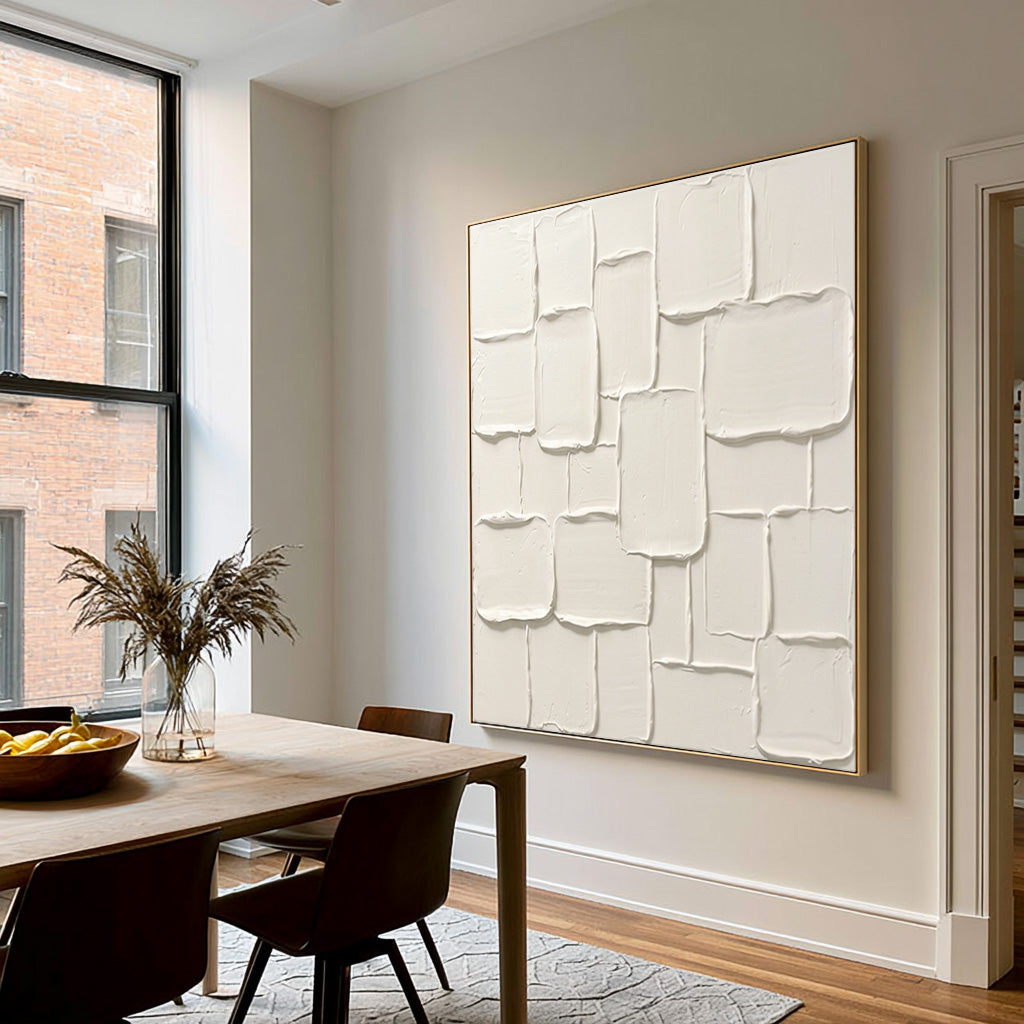Large Ivory Modern Plaster Collage Wall Art Neutral Abstract Oil Painting Raised Rounded Rectangles Thick Impasto Texture Contemporary Minimalist Luxury Home Decor