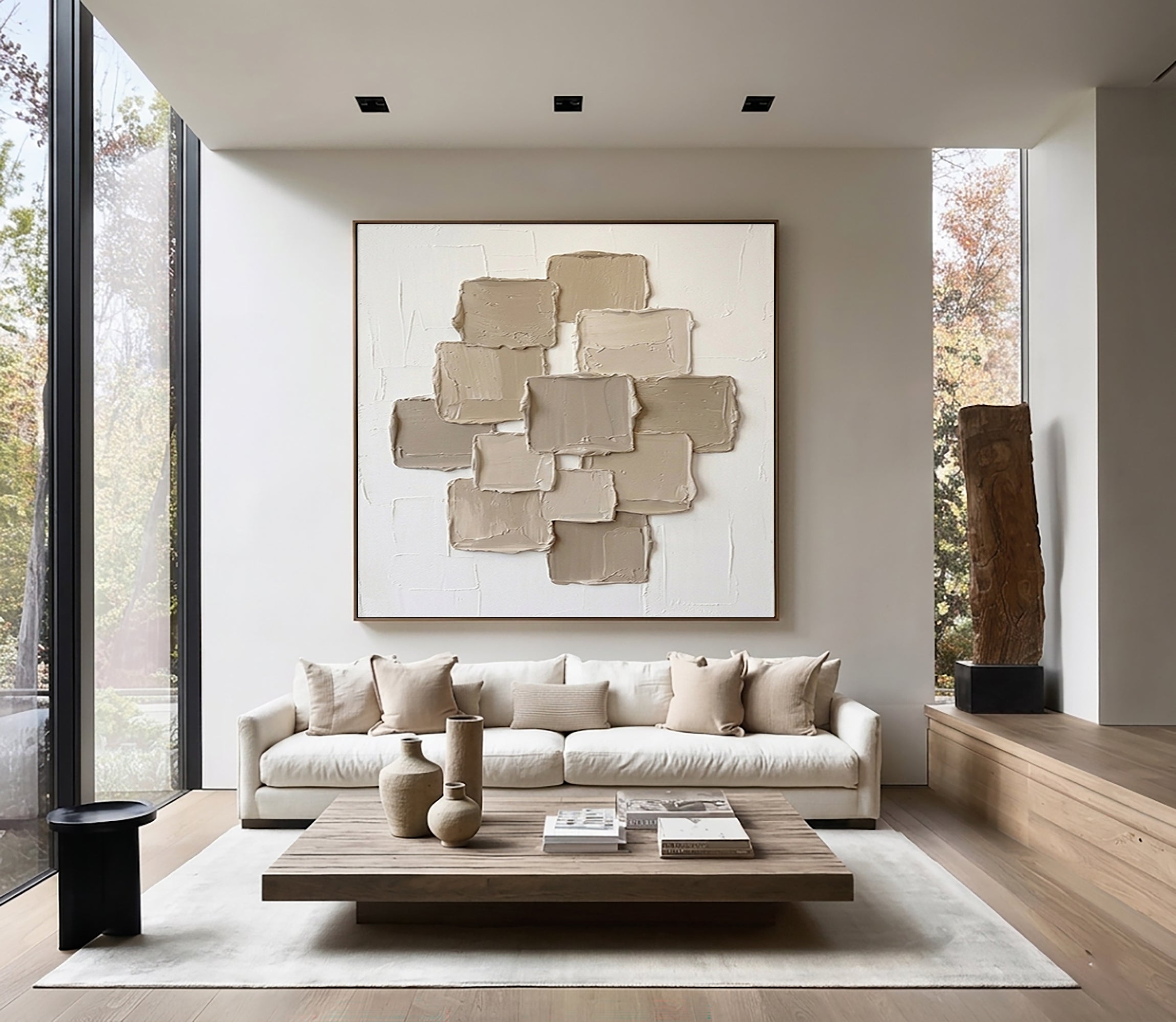 Large Contemporary Textured Wall Art Beige Geometric Canvas
