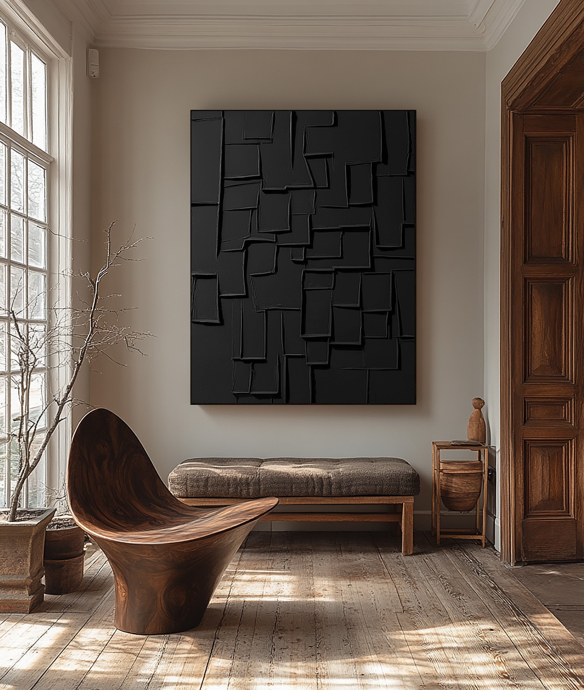 Sculptural Black Abstraction With Sunken Rectangles, Modern Art #MM412