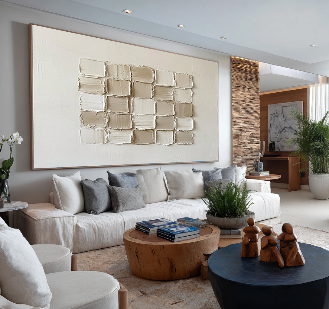 Large Ivory Textured Canvas Art Contemporary Geometric Wall Decor