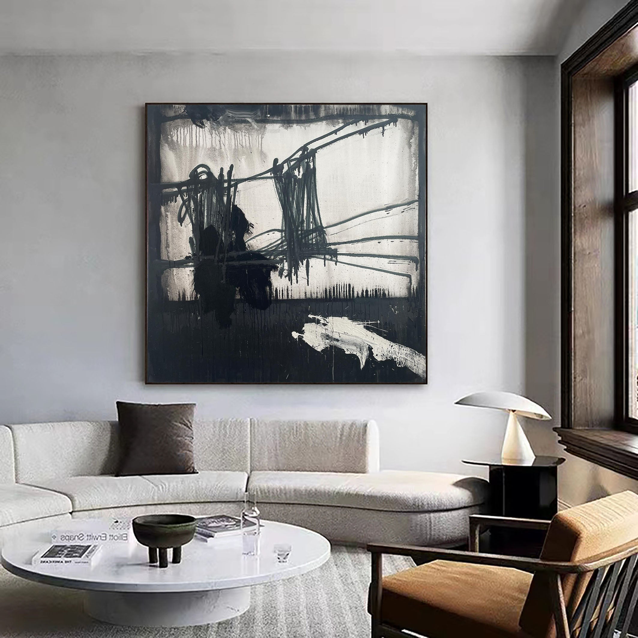 لوحة فنية تجريدية سوداء درامية وجريئة على قماش حديث #MM075