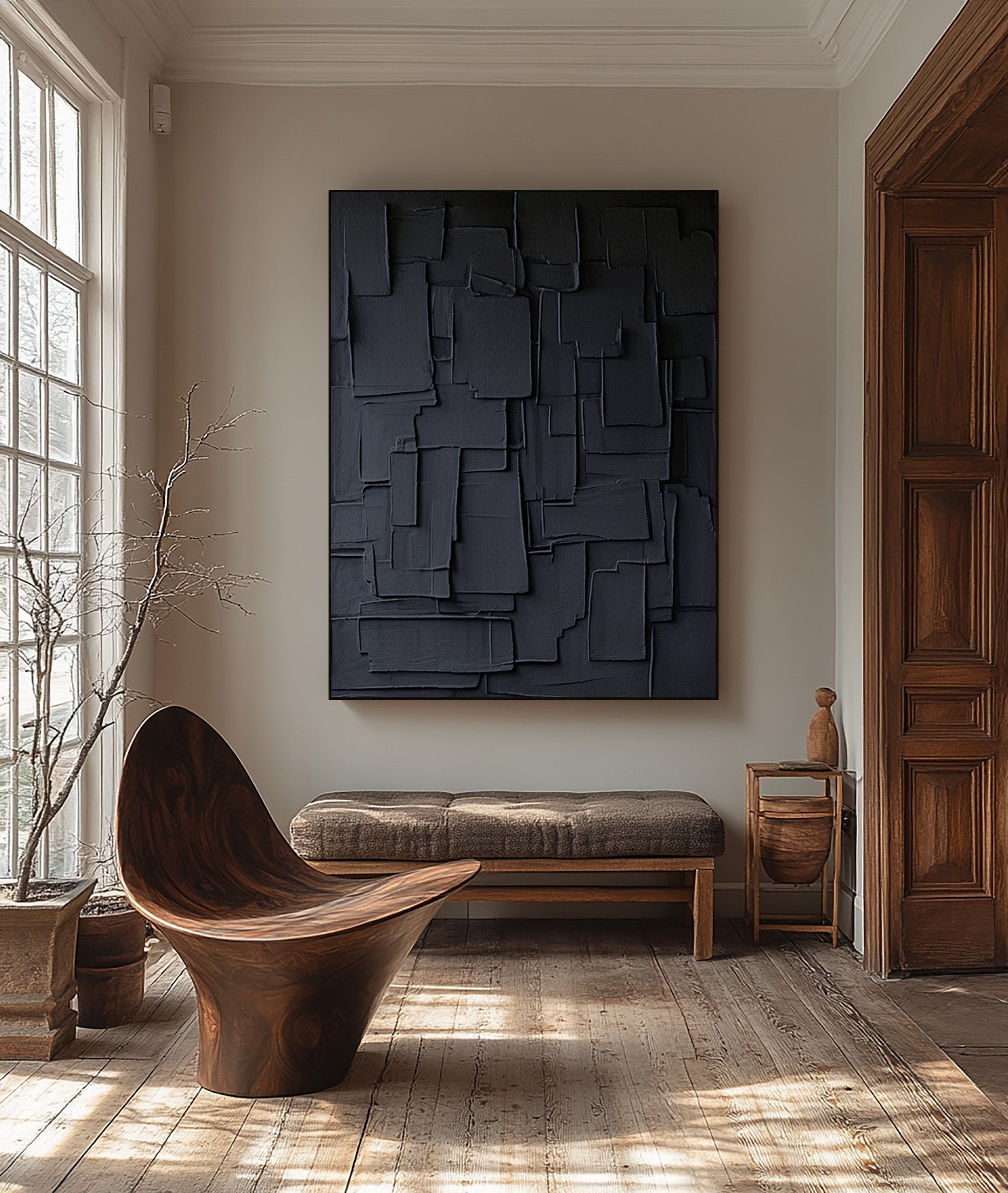 Dark Rectangular Textures, Framed Contemporary Impastoed Canvas #MM410