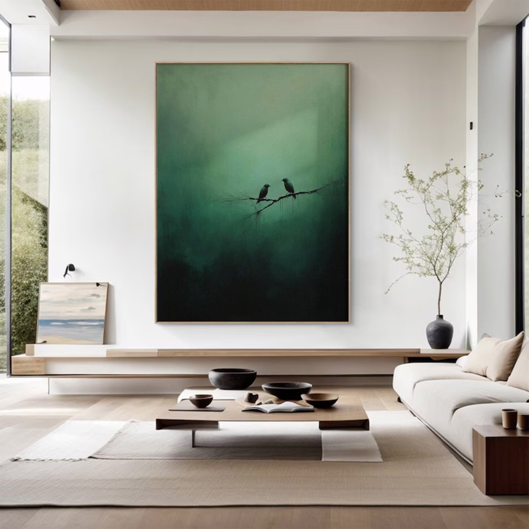 Large Green Painting with Birds | KelorArt #AG 101