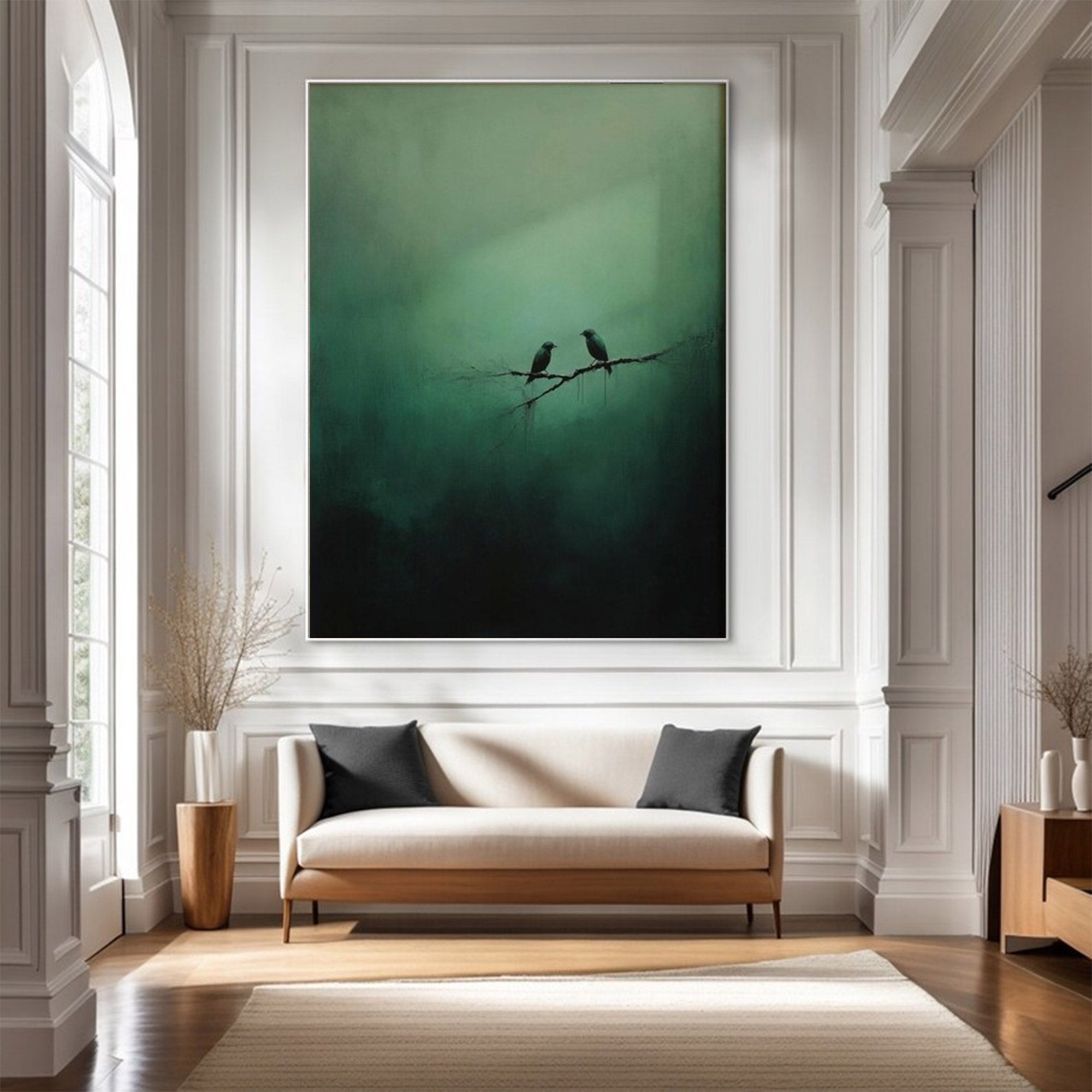 Large Green Painting with Birds | KelorArt #AG 101