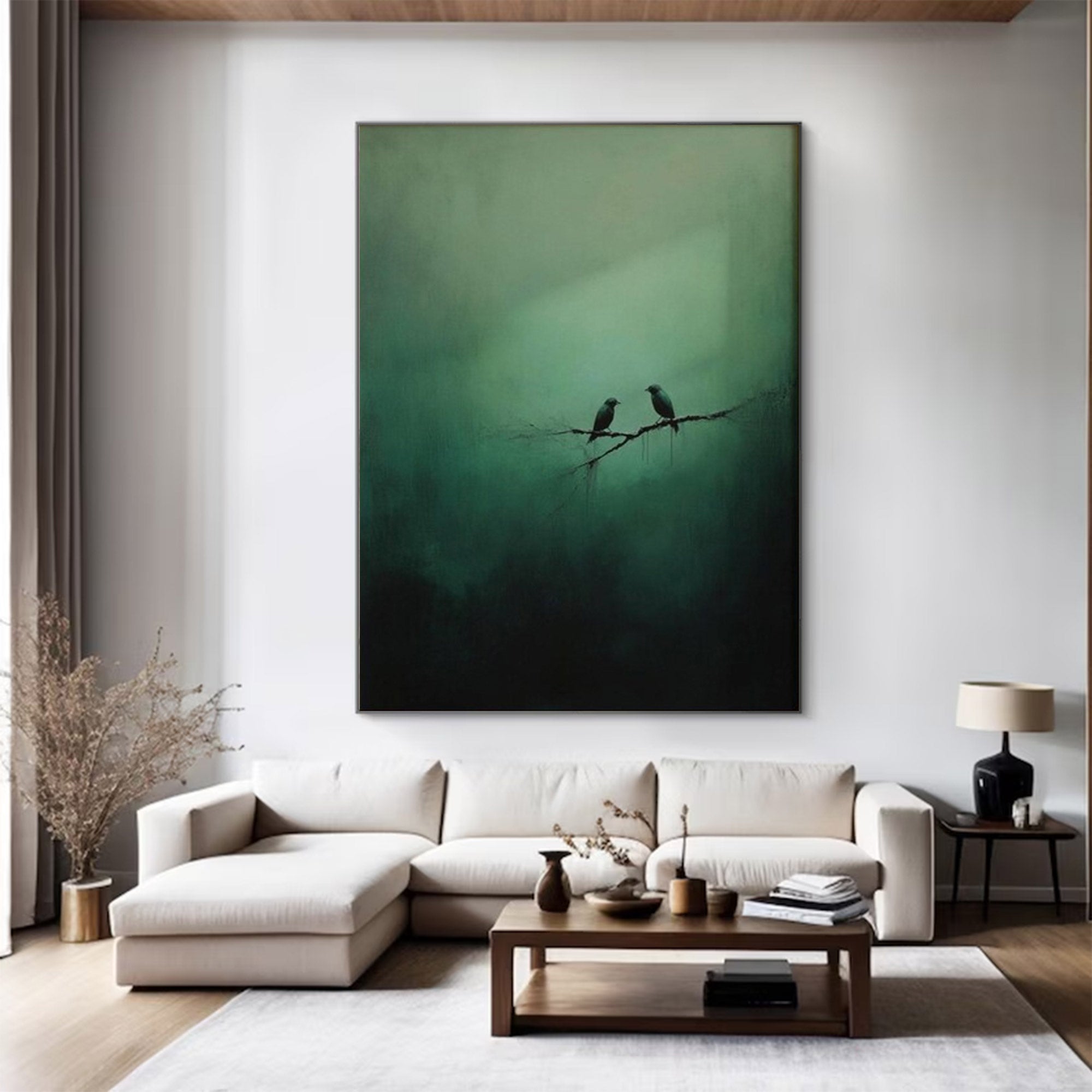 Large Green Painting with Birds | KelorArt #AG 101