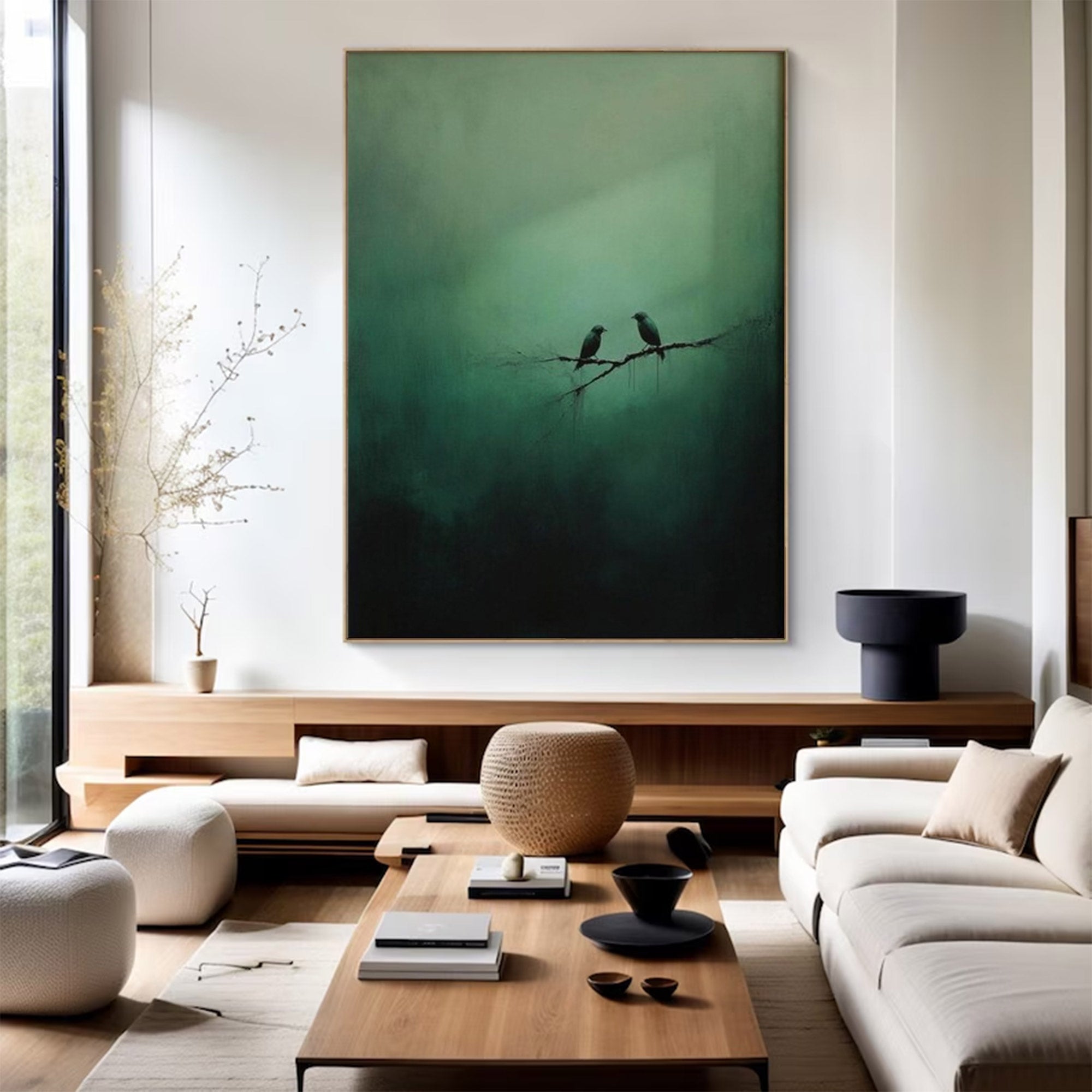 Large Green Painting with Birds | KelorArt #AG 101