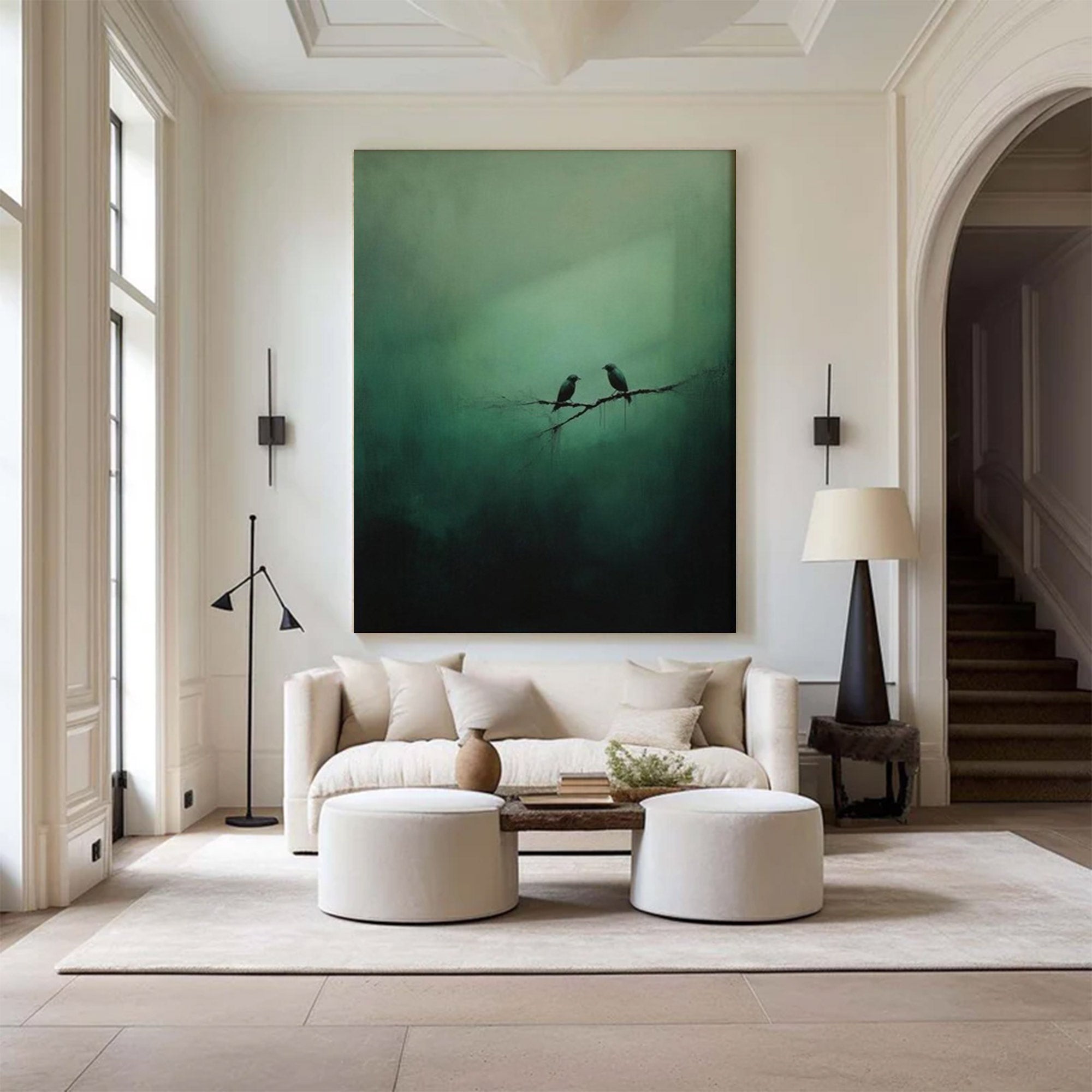 Large Green Painting with Birds | KelorArt #AG 101
