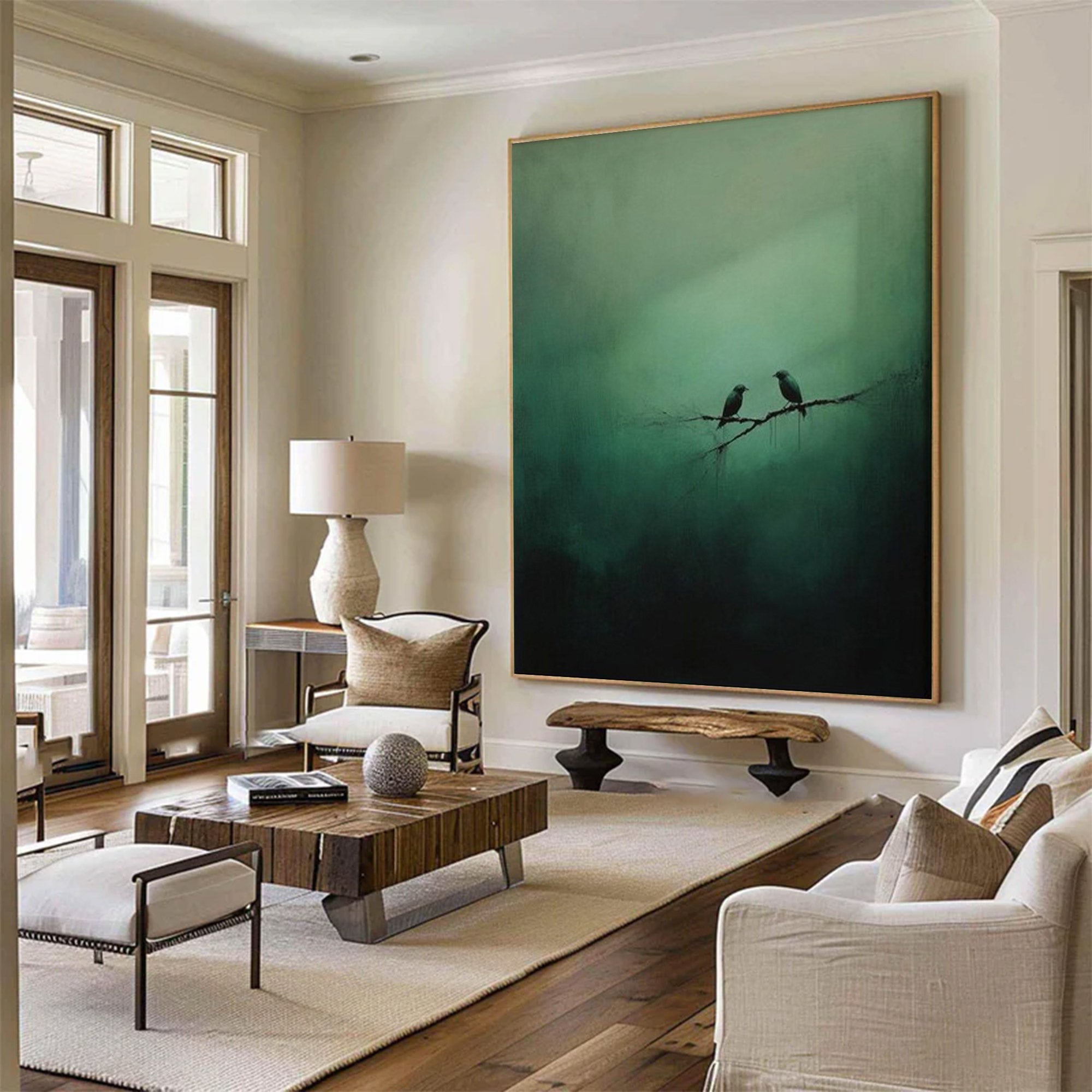 Large Green Painting with Birds | KelorArt #AG 101