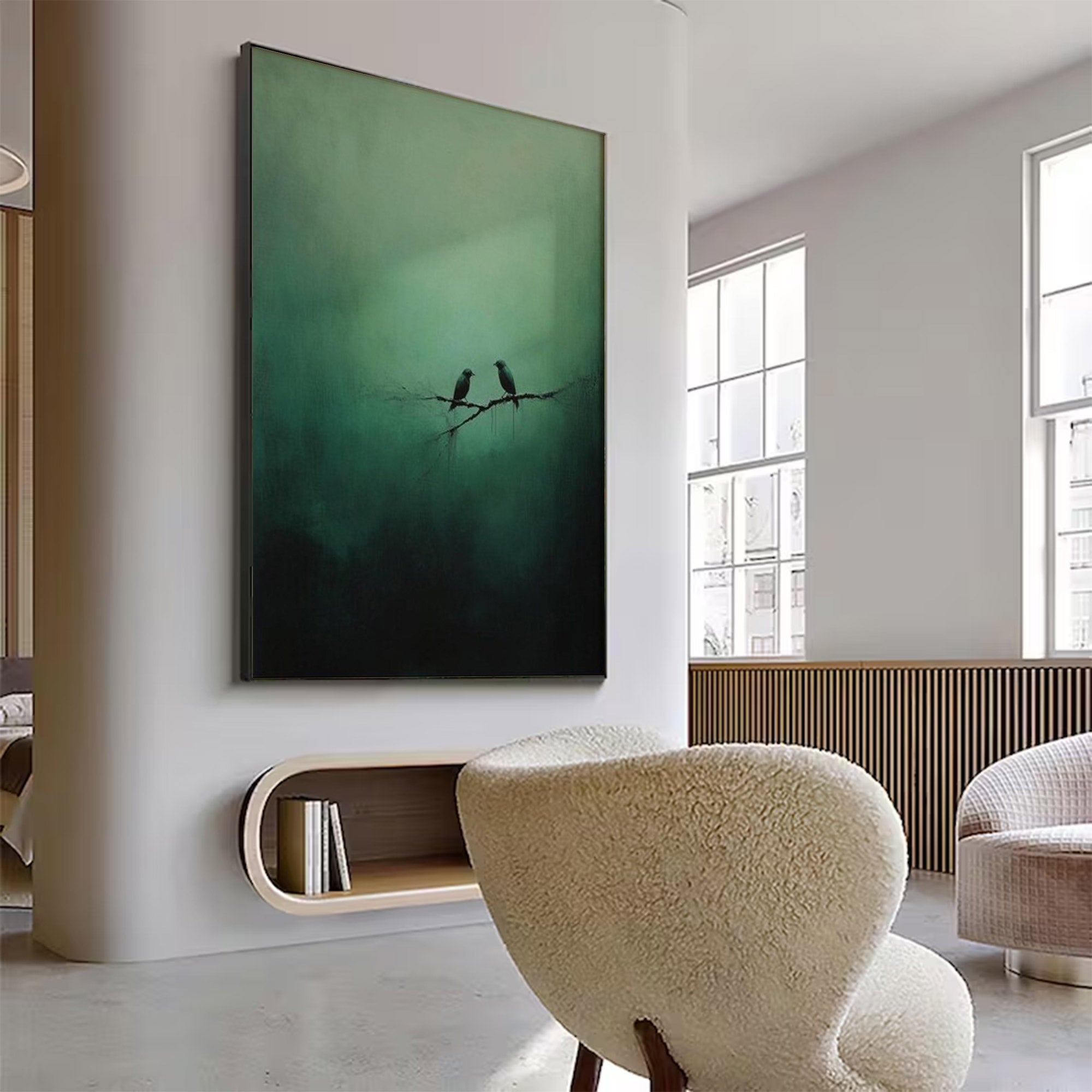 Large Green Painting with Birds | KelorArt #AG 101
