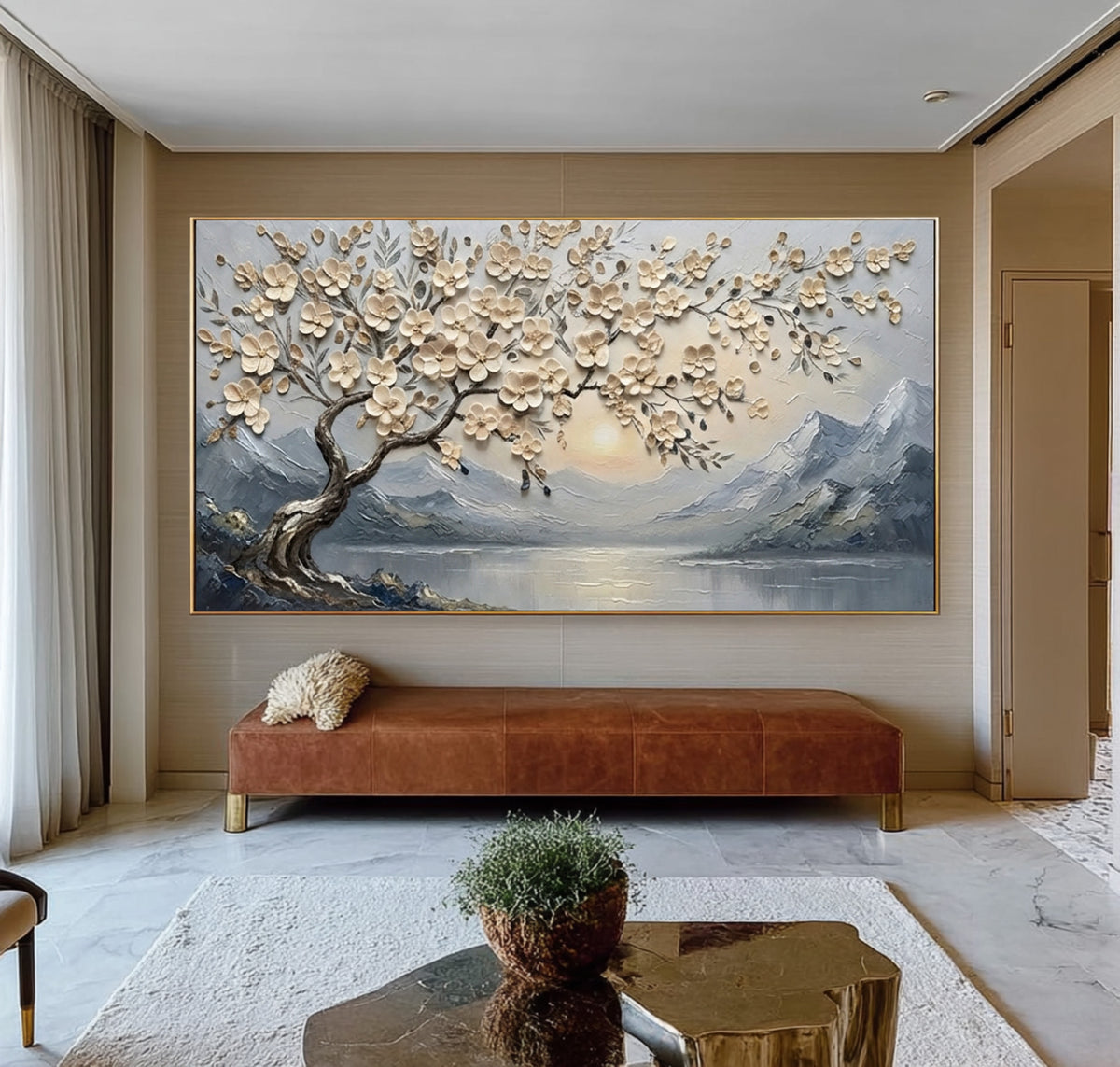 Large Textured Blossom Tree Painting Mountain Lake Living Room Wall Art