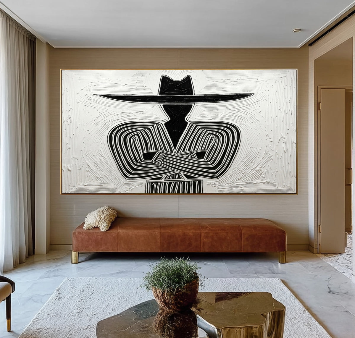 Large Oil Painting Textured Cowboy Minimalist Abstract Black White Western Art