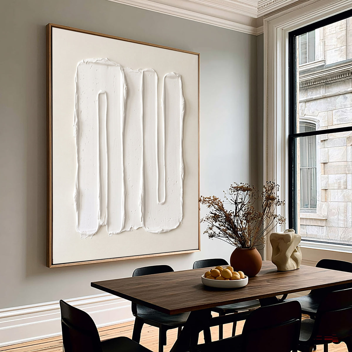 Large Modern Vertical Textured Relief Wall Art Ivory Abstract Oil Painting Sculptural Raised Lines Neutral Minimalist Contemporary Luxury Home Decor