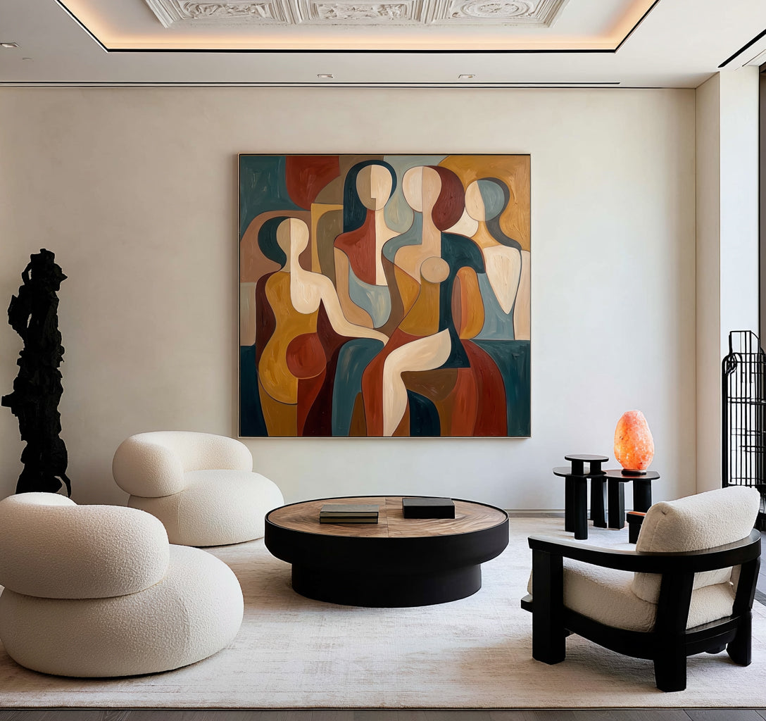 Large Geometric Abstract Female Figures Wall Art Modern Cubist Inspired Oil Painting Colorful Figurative Portrait Contemporary Living Room Decor
