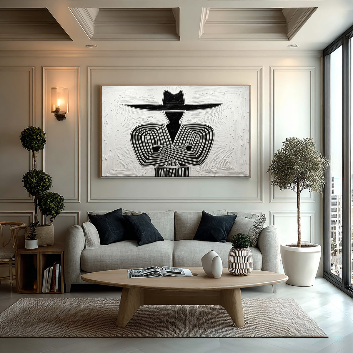 Large Oil Painting Textured Cowboy Minimalist Abstract Black White Western Art