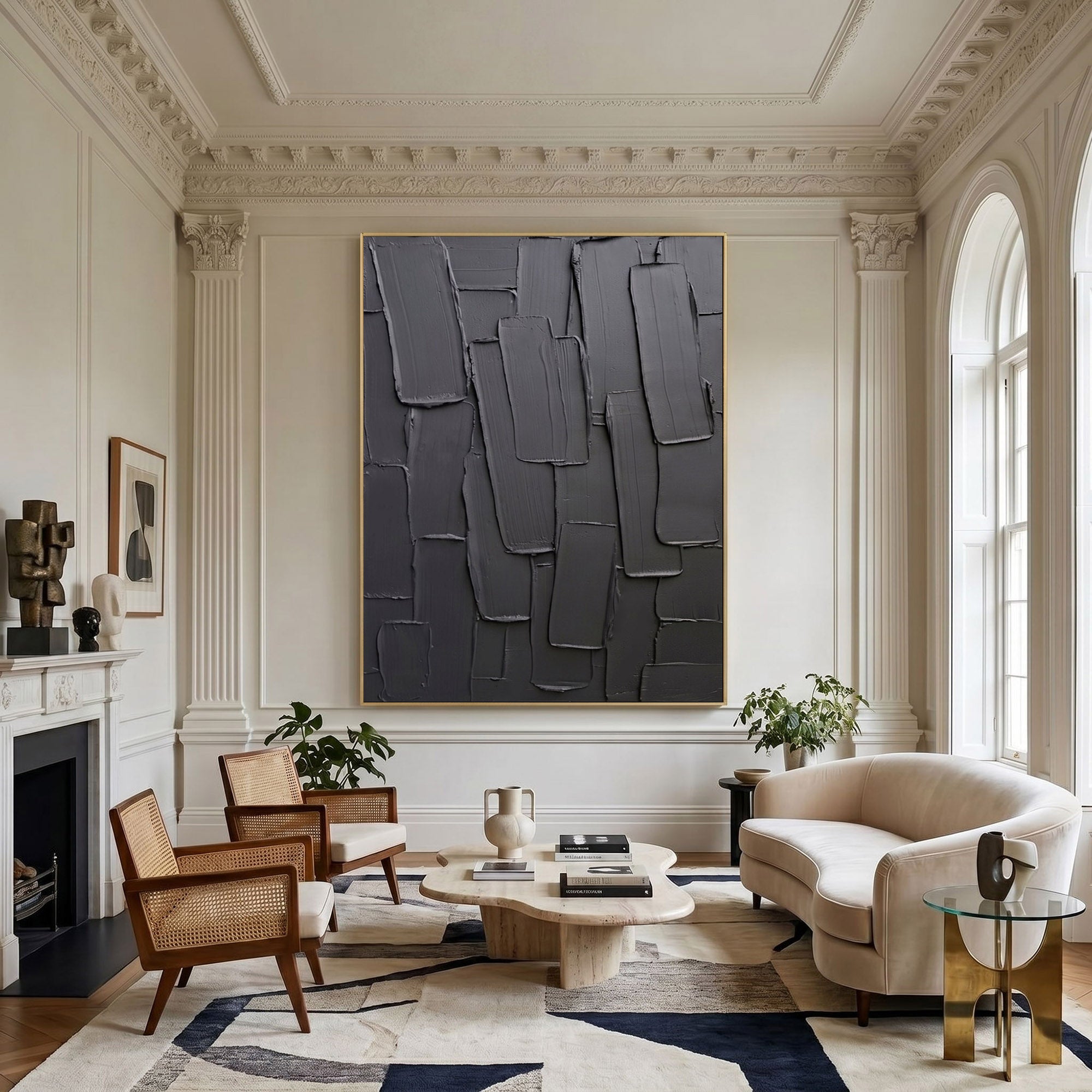 Black Gray Abstract Wall Art Textured Relief Painting Handmade Impasto Modern Minimalist Home Decor