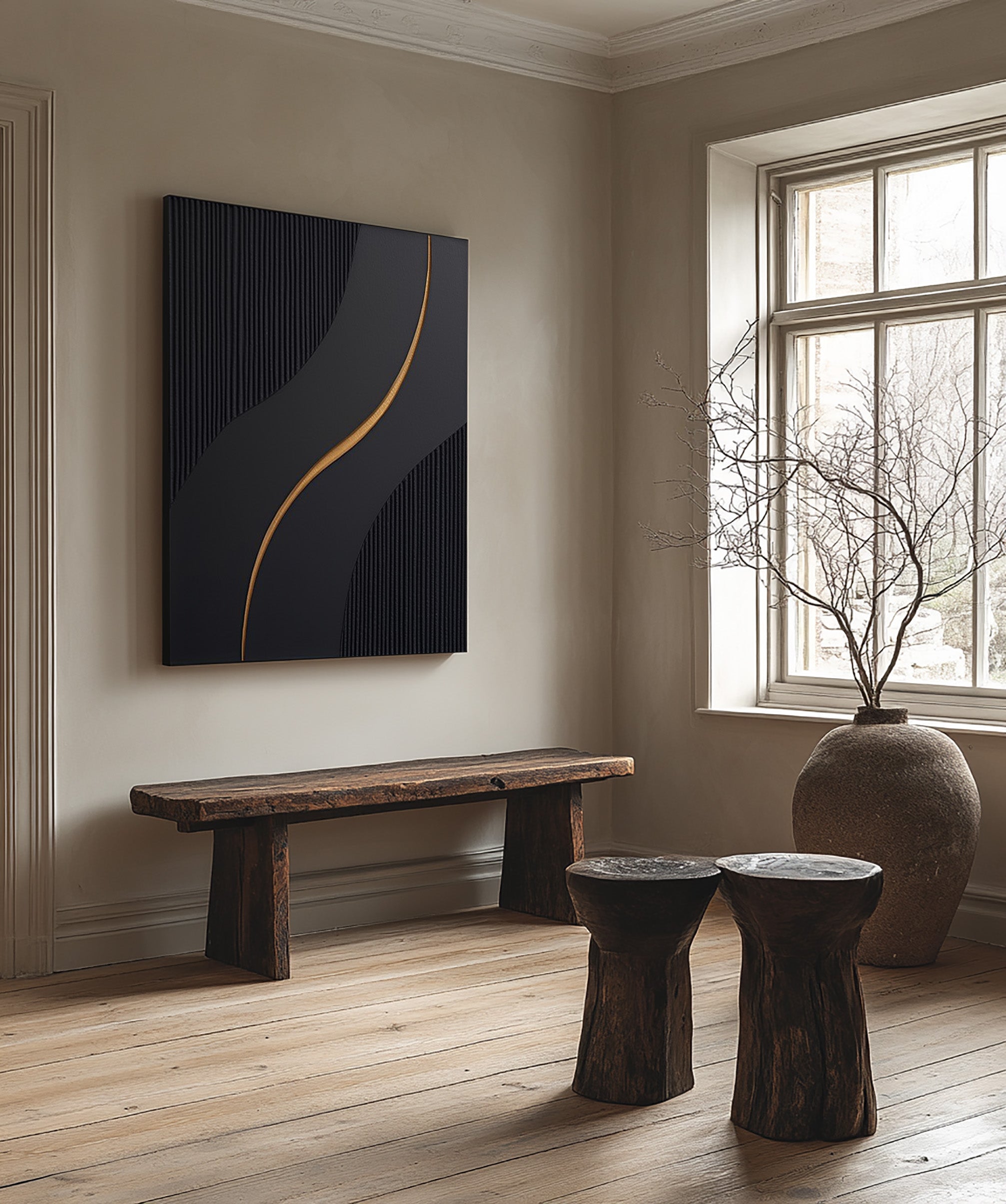 Textured Black Abstraction with Gold Flow, Modern Linear Art #MM405