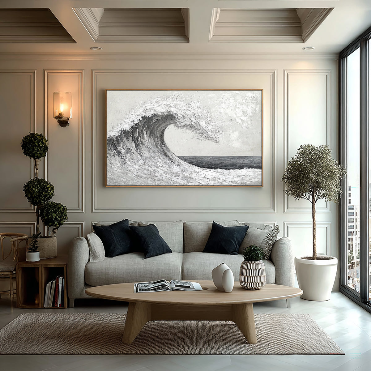 Wave In Motion Textured Ocean Artwork Handmade Monochrome Seascape Large Coastal Wall Painting Modern Decor