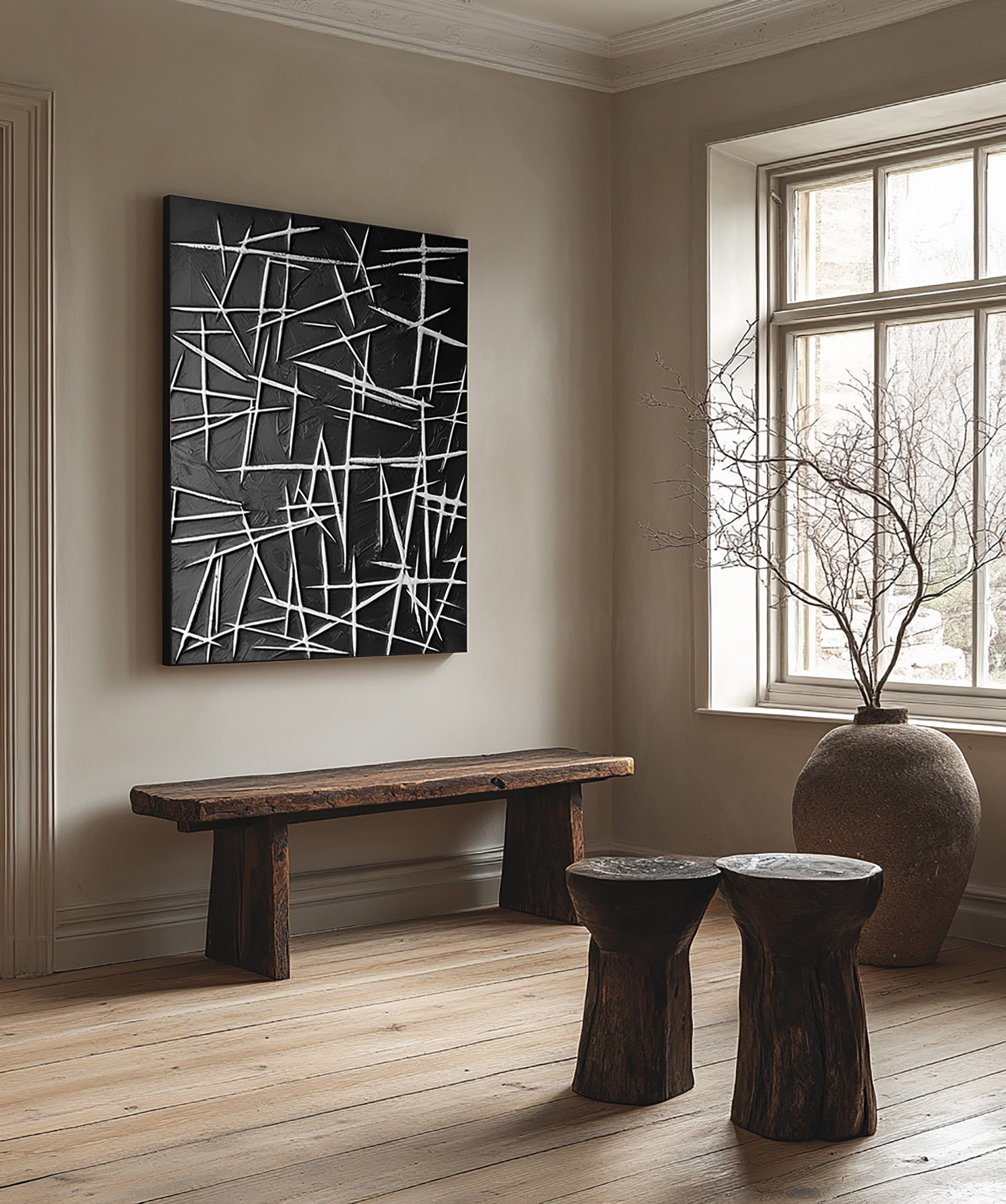 Framed White Line Contrast, Dark Textured Play, Modern Wall Art #MM413