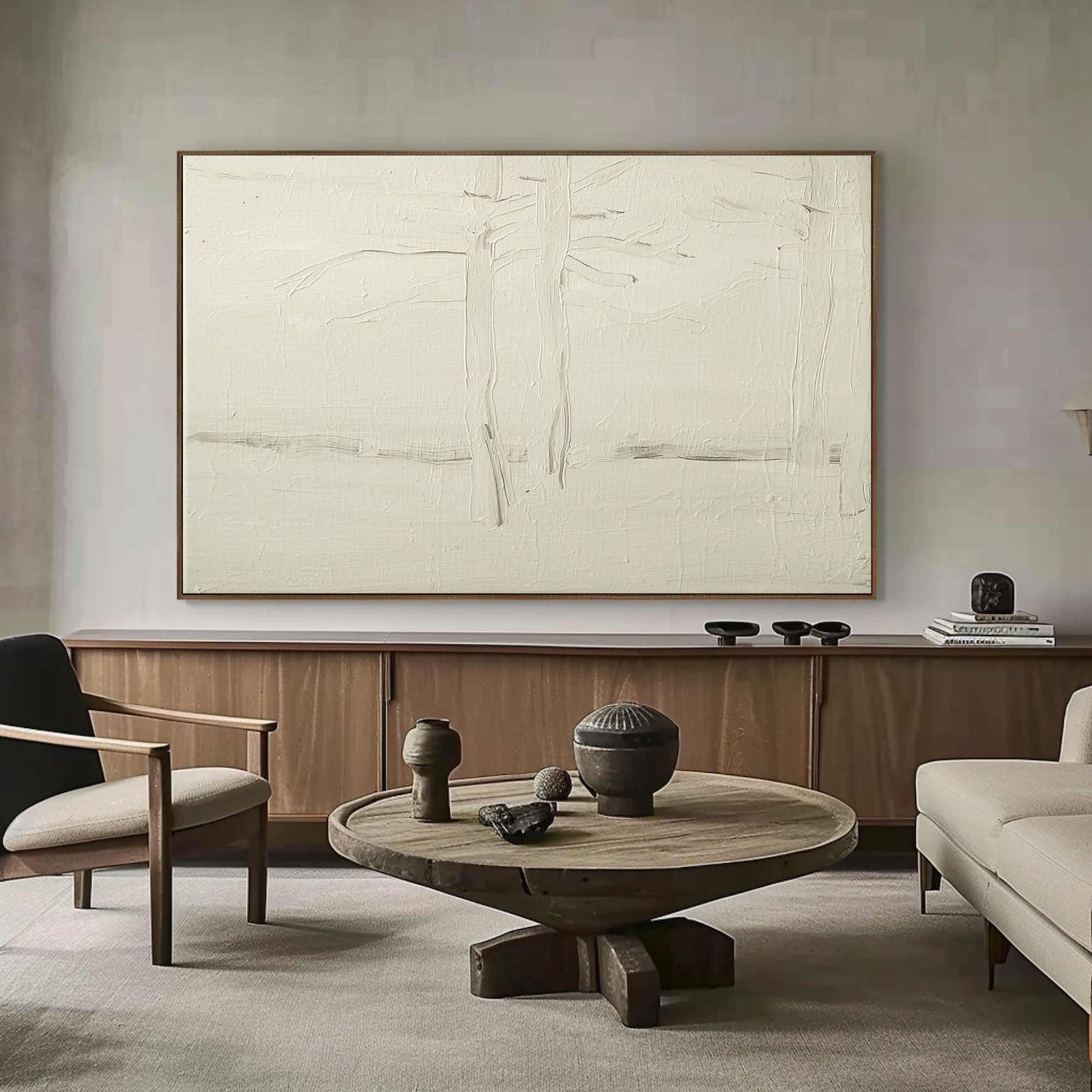White Textured Minimalist with Linear Forms, Impasto Canvas #MM368