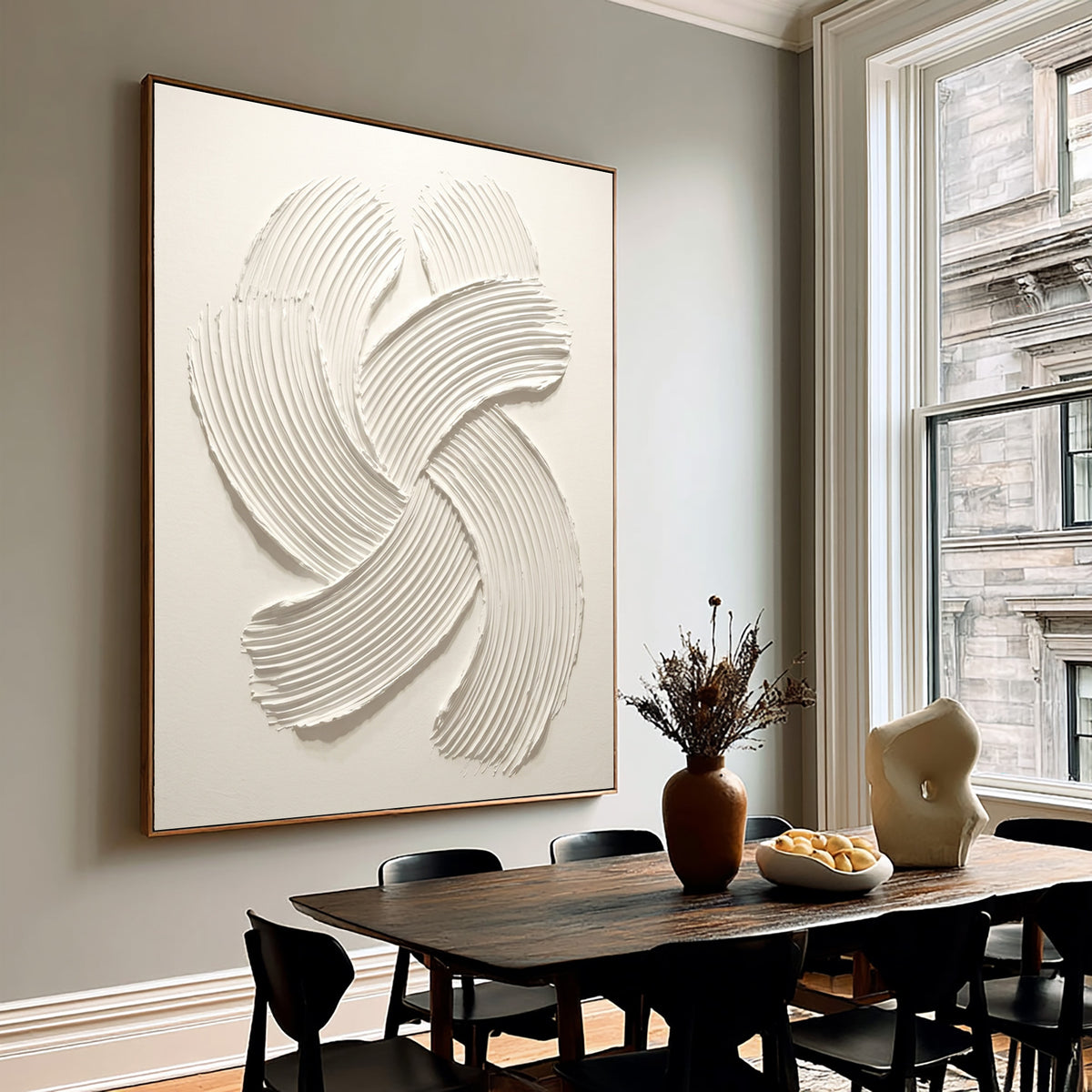 Rhythmic Curves Handmade Textured Abstract Artwork White Sculptural Relief Painting Contemporary Wall Decor