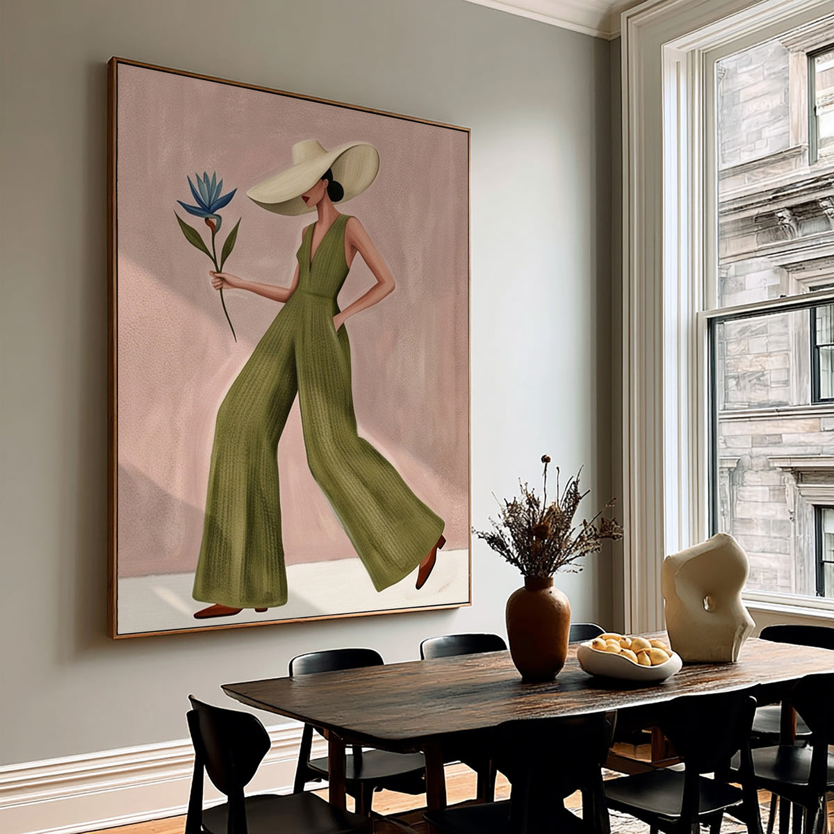 Modern Fashion Woman Painting Green Jumpsuit Wall Art