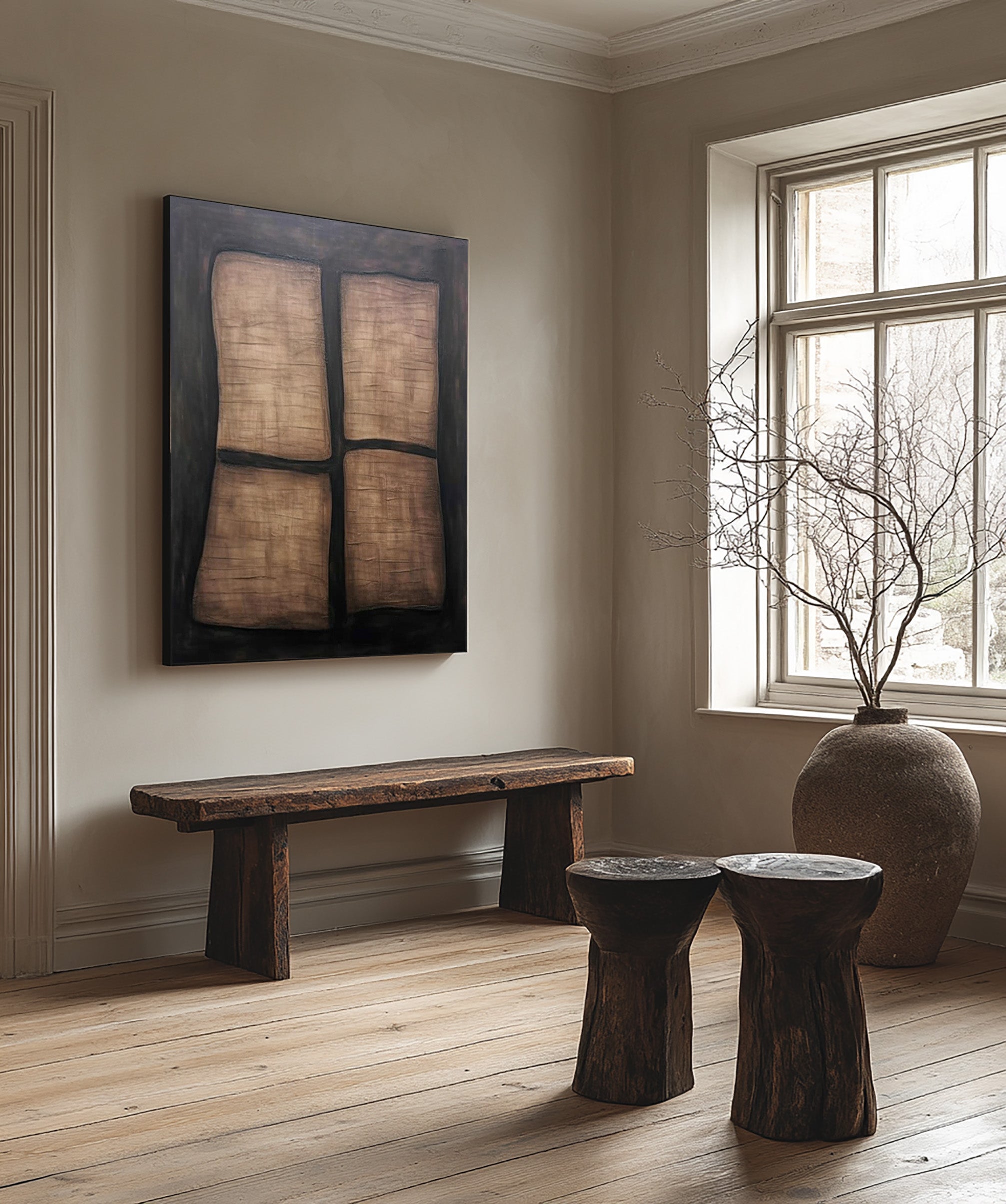 Earth Tone Abstraction With Dark Background, Modern Grid Canvas #MM409