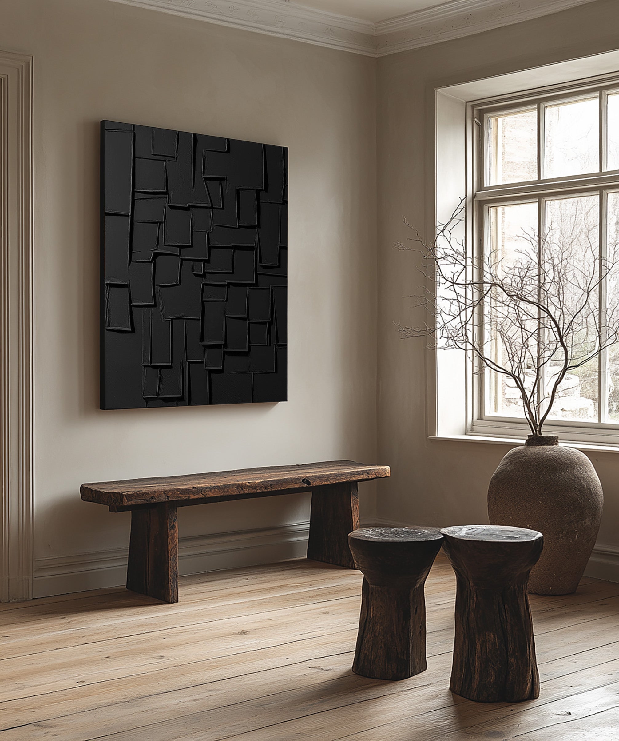 Sculptural Black Abstraction With Sunken Rectangles, Modern Art #MM412