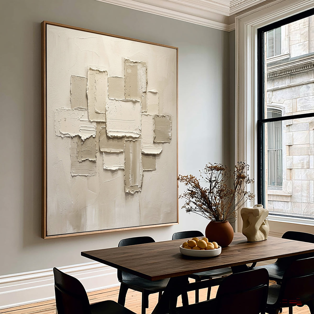 Large Modern Geometric Textured Abstract Wall Art White Beige 3D Relief Oil Painting Contemporary Sculptural Artwork Living Room Decor