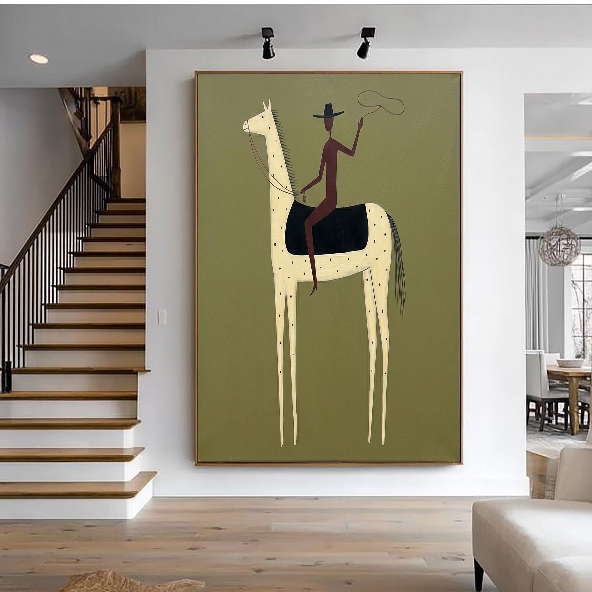 Large Lone Cowboy Wall Art Contemporary Horse Painting Western Artwork