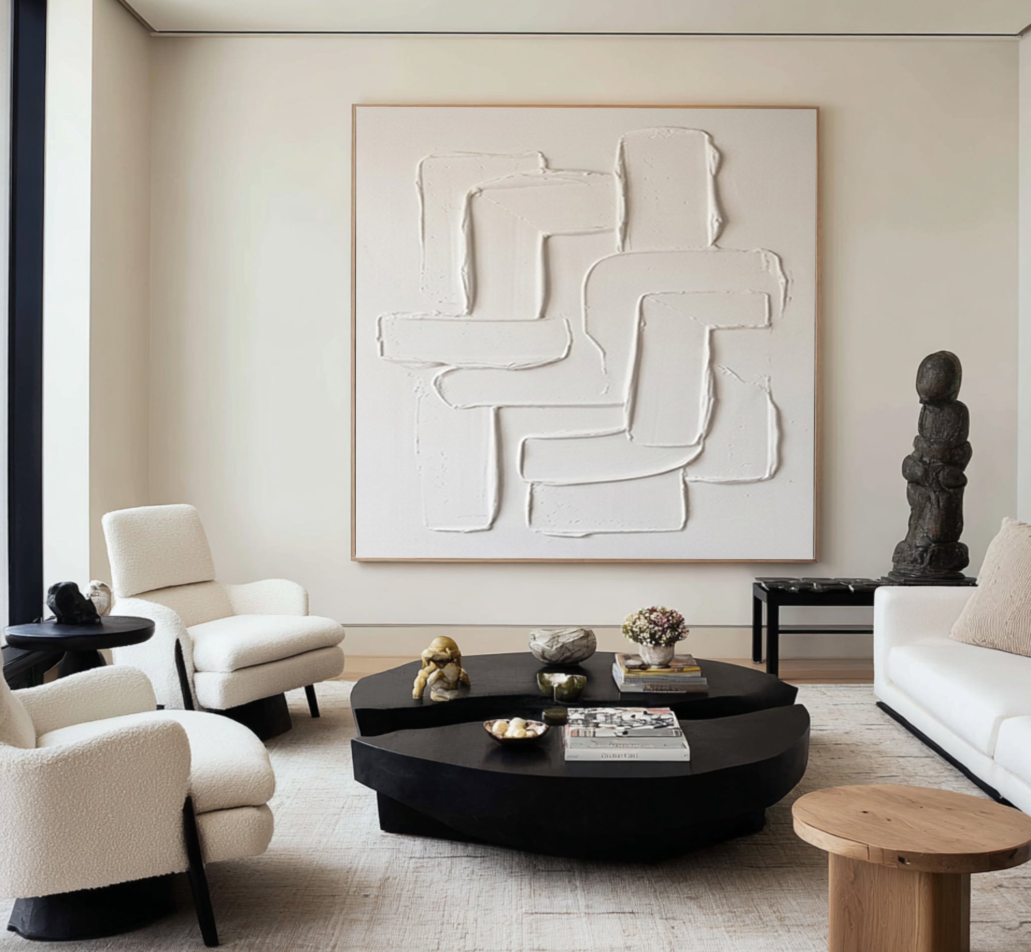 Large Neutral Sculptural Wall Art Hand Painted Curved Texture Canvas