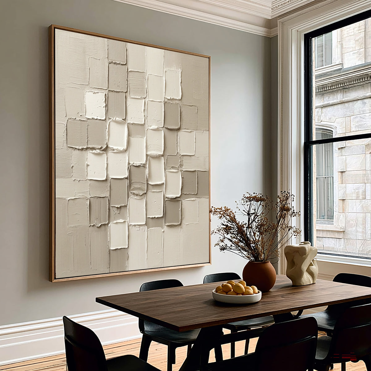 Large Elegant Neutral Textured Wall Art White Beige Abstract Oil Painting 3D Geometric Relief Modern Minimalist Luxury Home Decor