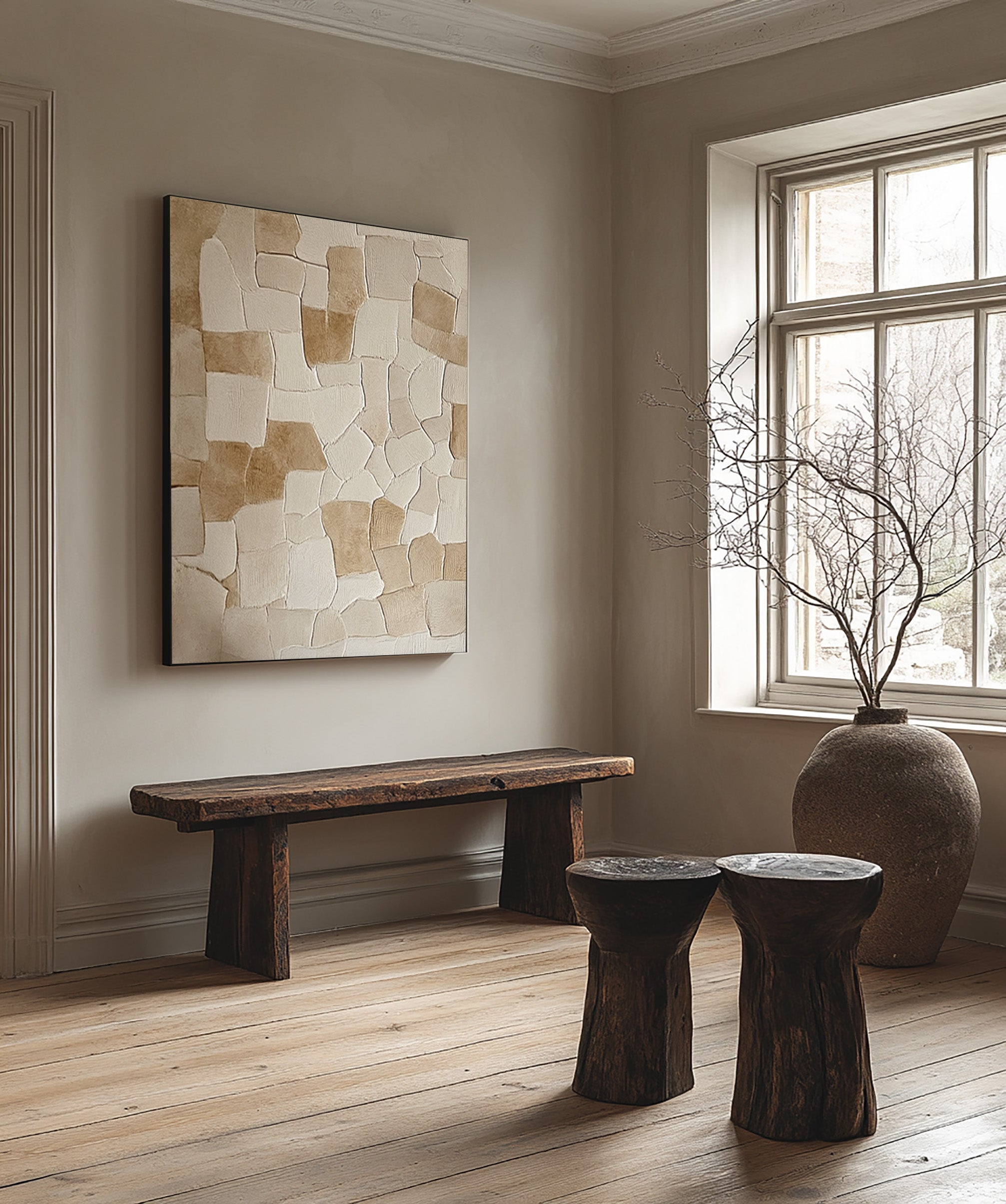 Textured Neutral Mosaic, Organic Patchwork, Contemporary Art #MM414