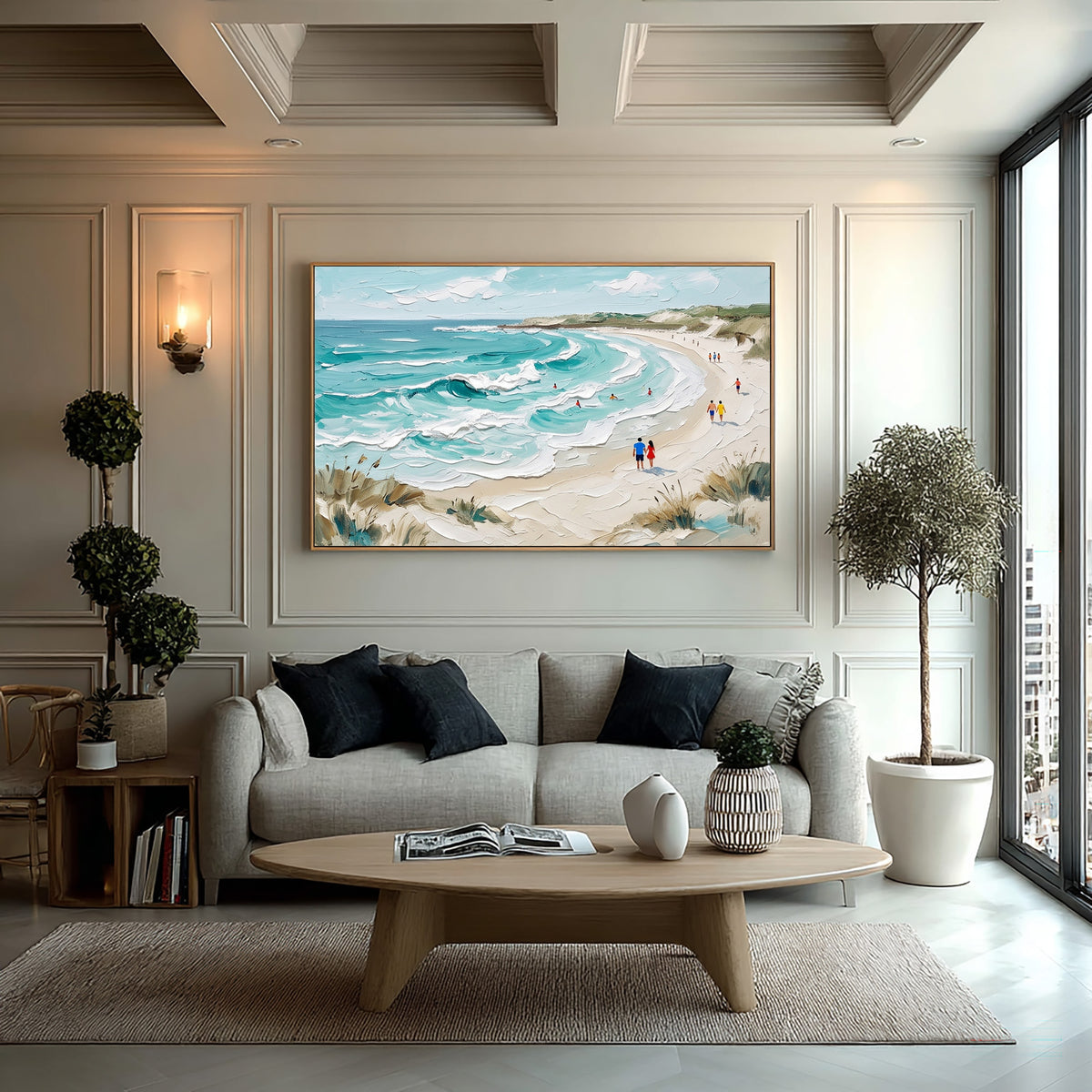 Textured Seaside Landscape Painting Sandy Beach Blue Ocean Waves
