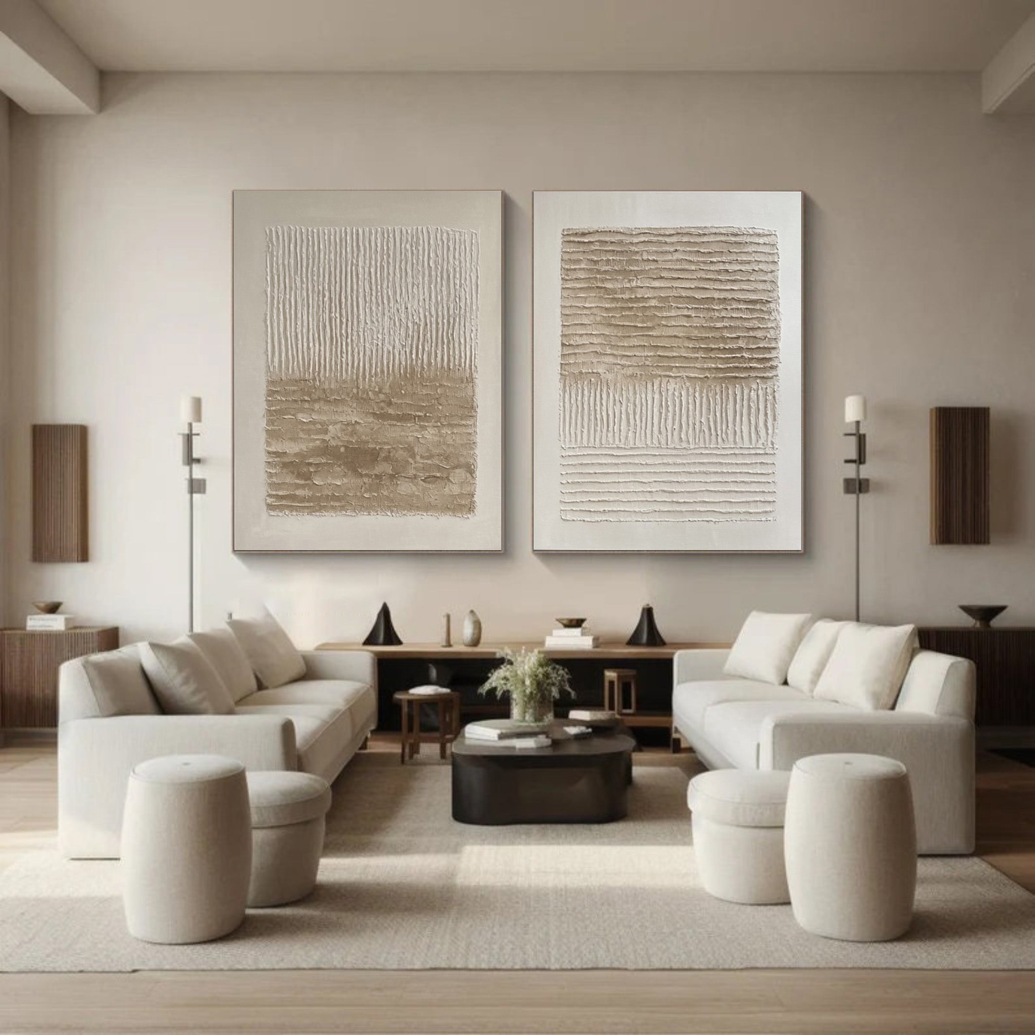 Woven Silence: Minimalist Neutral Set Of 2 with Impasto Lines #MM558